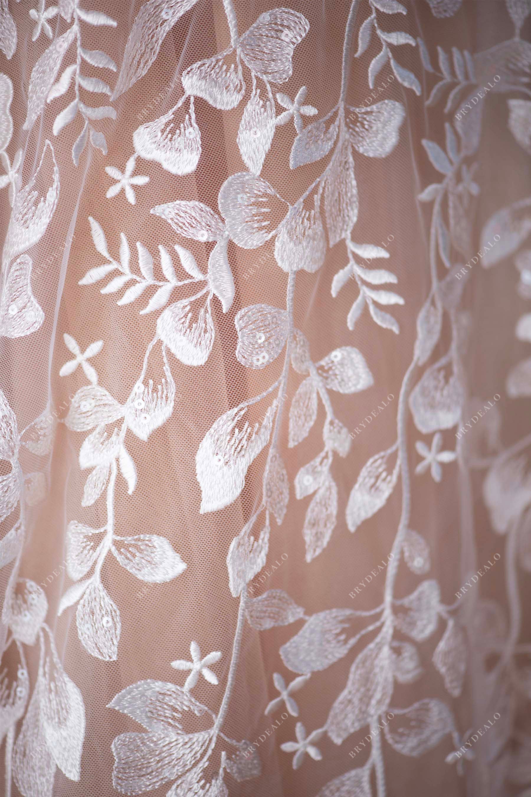 shimmery sequined flower leaf lace fabric for wholesale