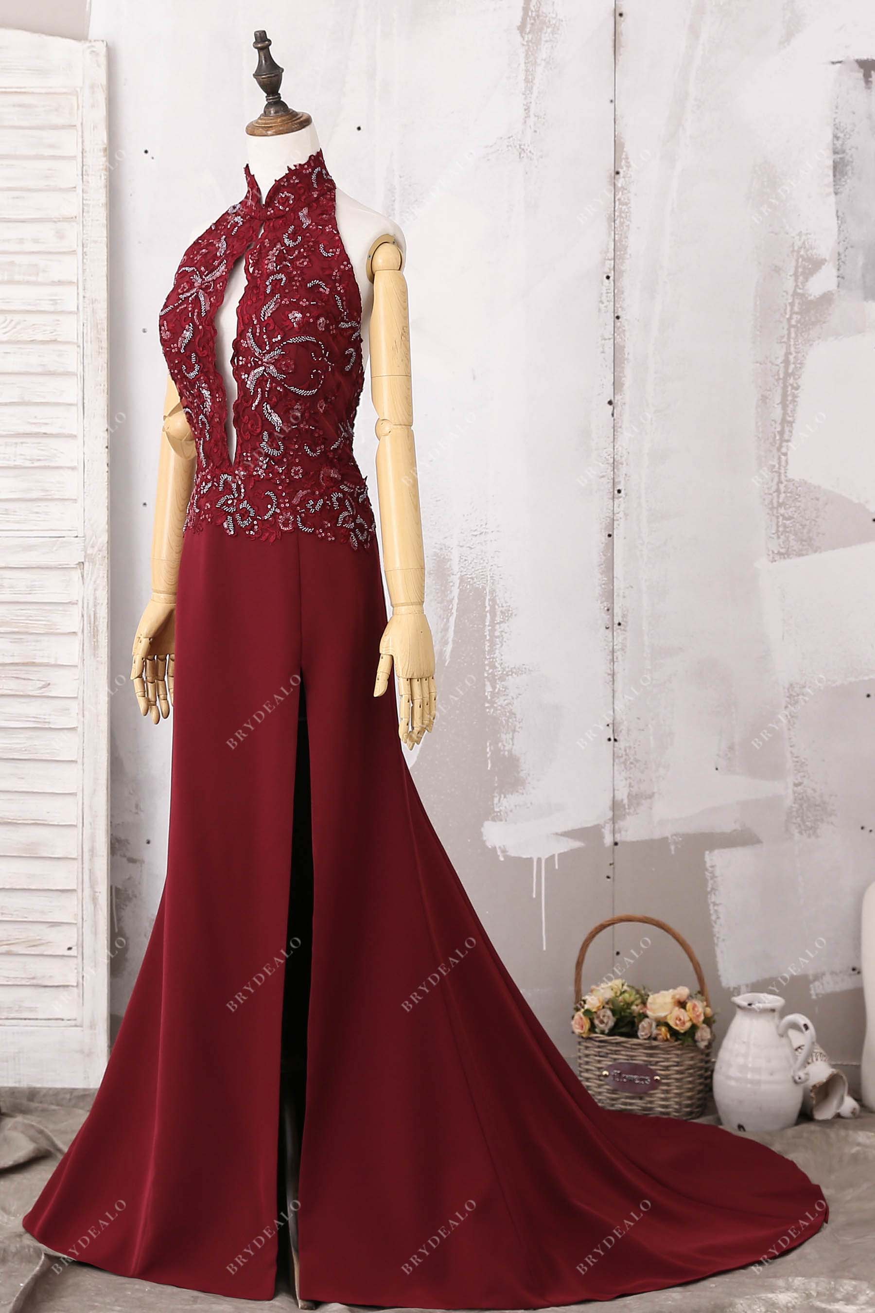 sequined lace burgundy keyhole high neck mermaid gown