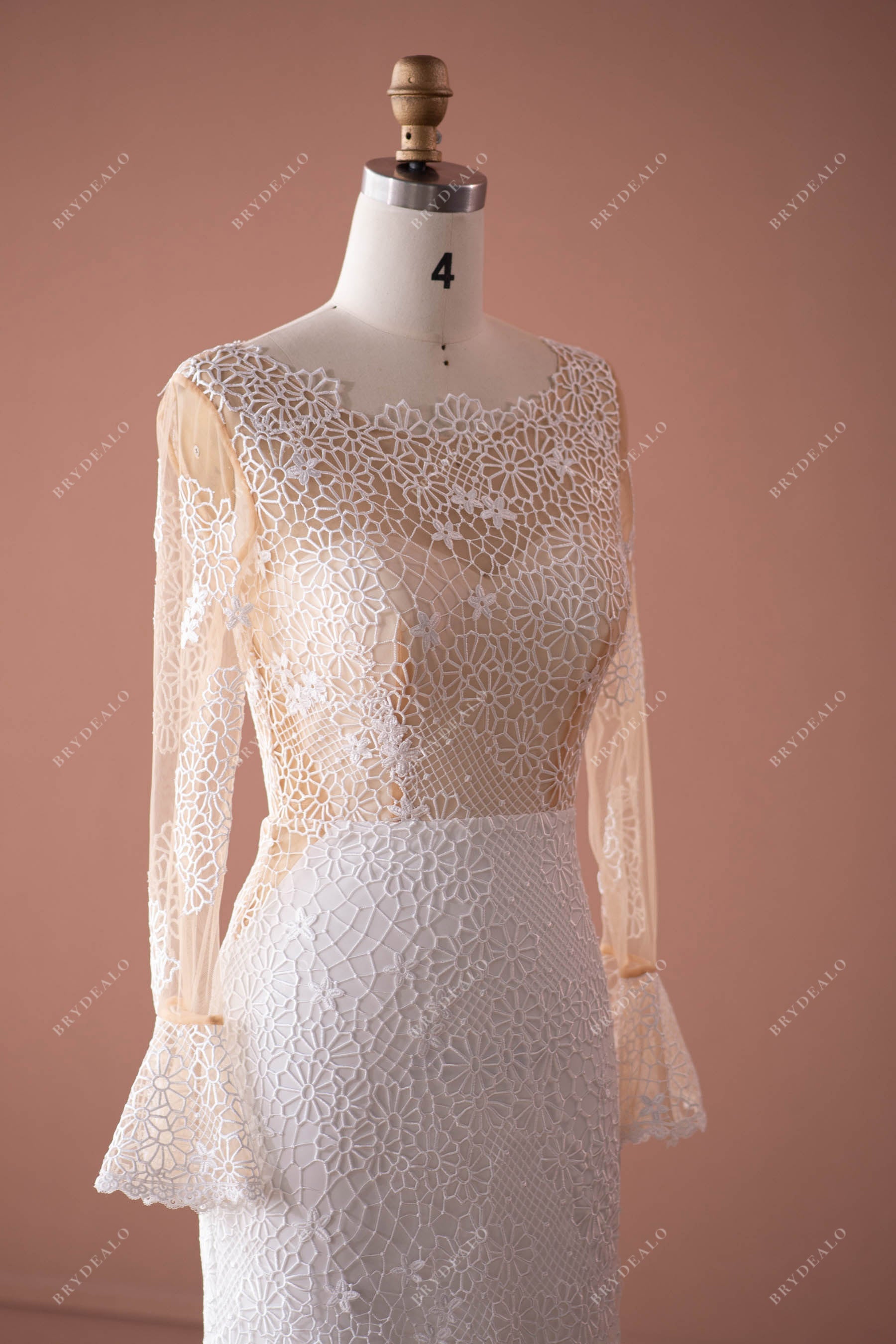 sheer bell sleeves lace wedding gown
