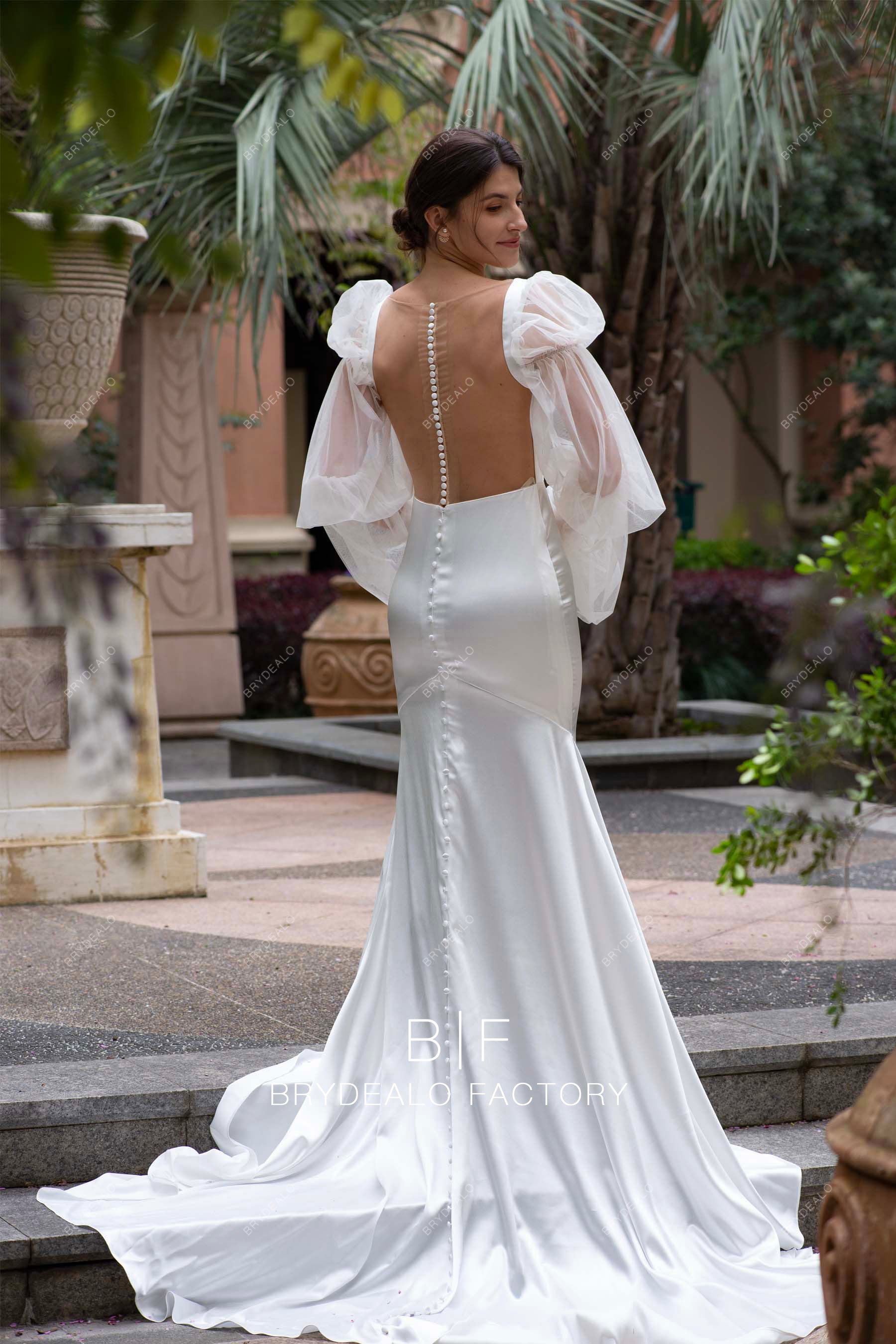 sheer buttoned back long satin mermaid wedding dress