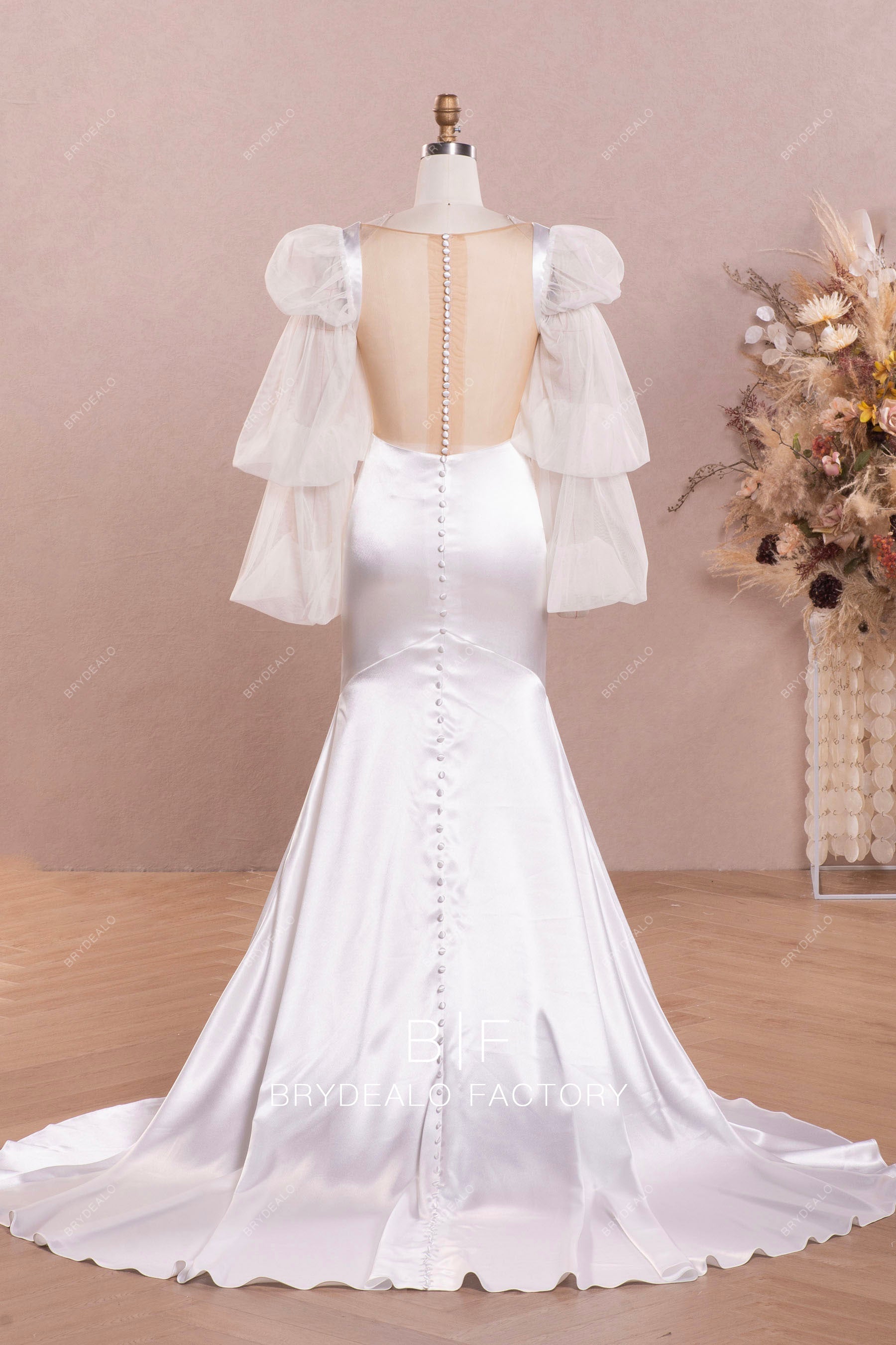 sheer buttoned back long satin wedding dress