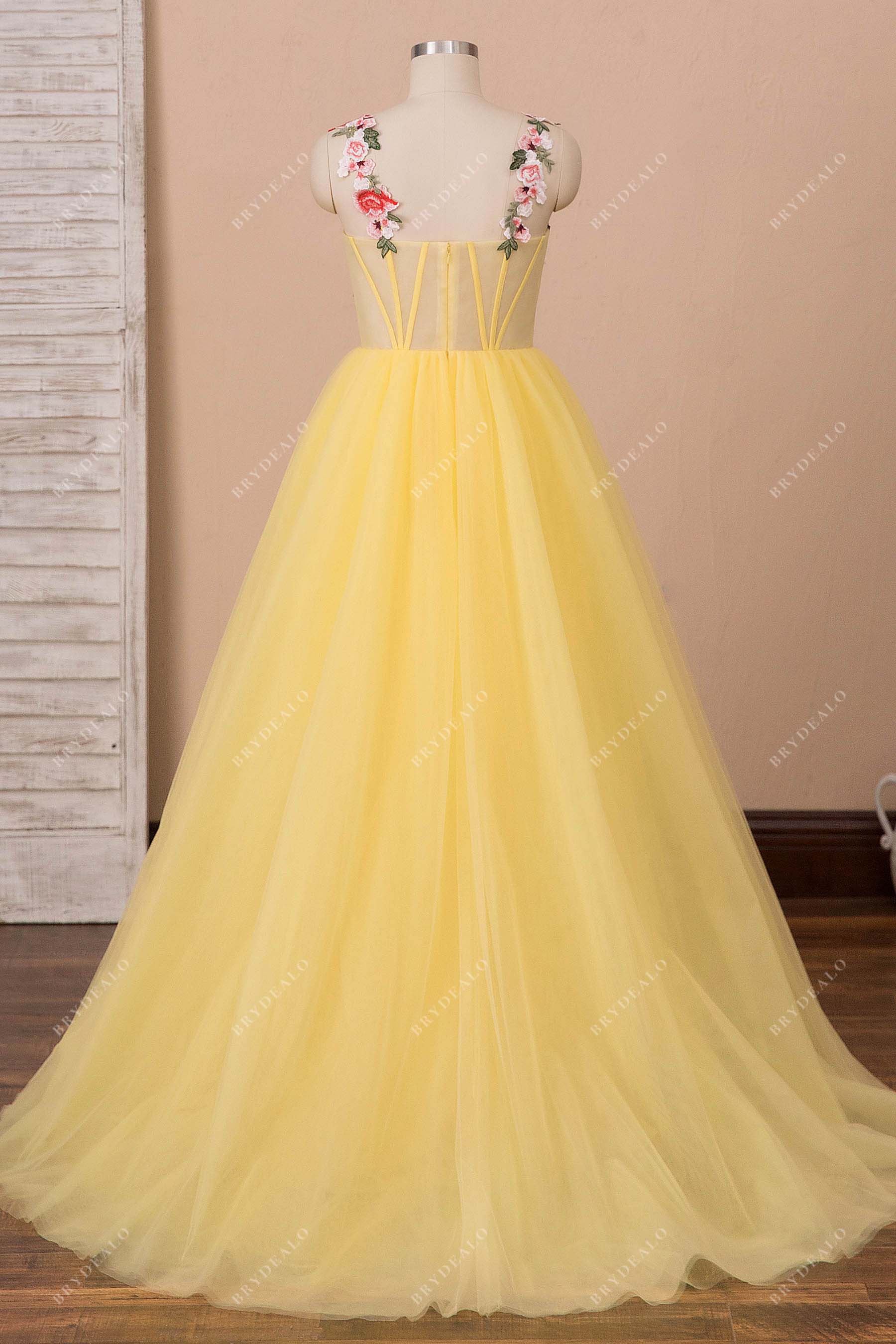 Flower Straps Yellow Corset Slit Prom Ball Gown