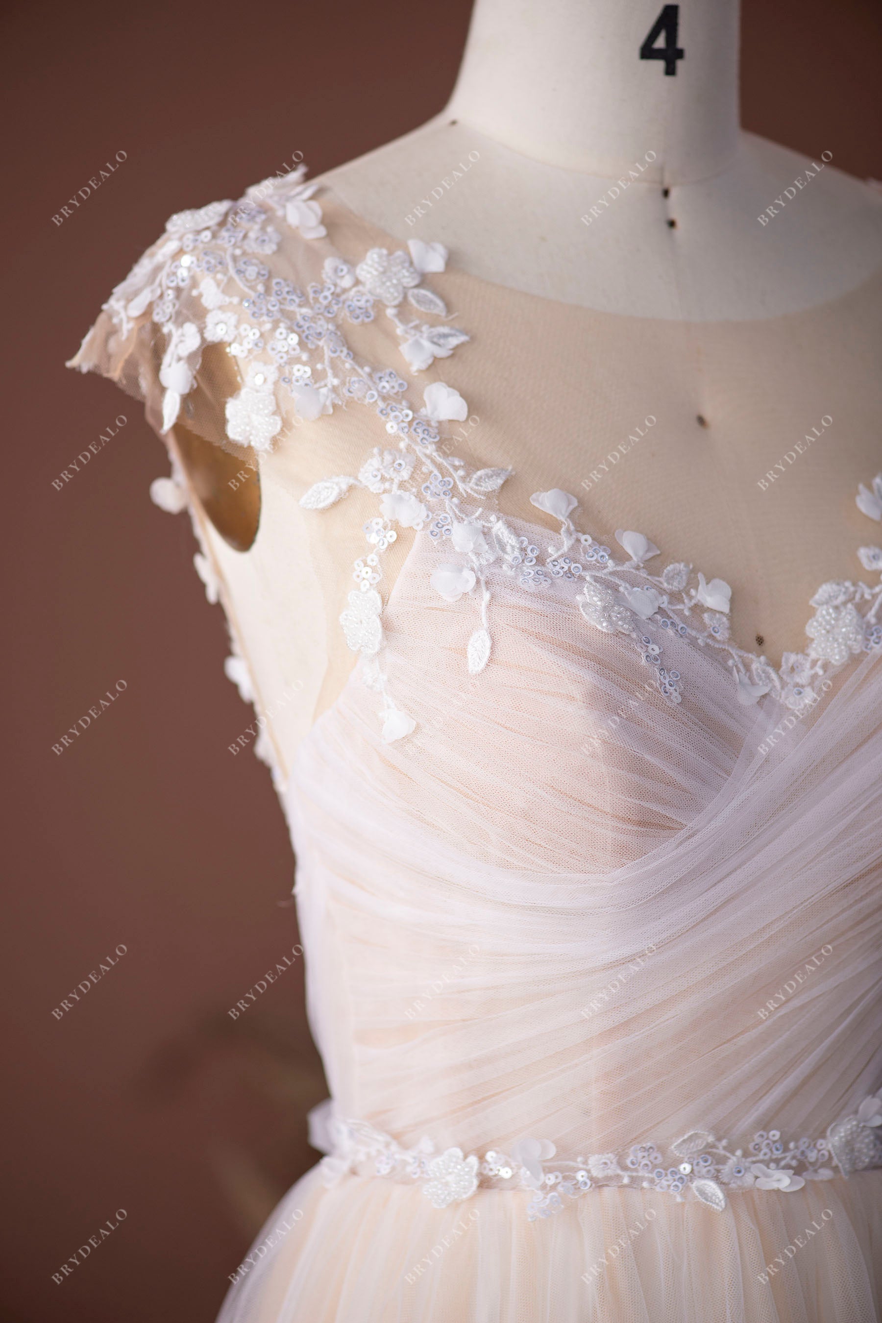 sheer floral cap sleeves bridal gown