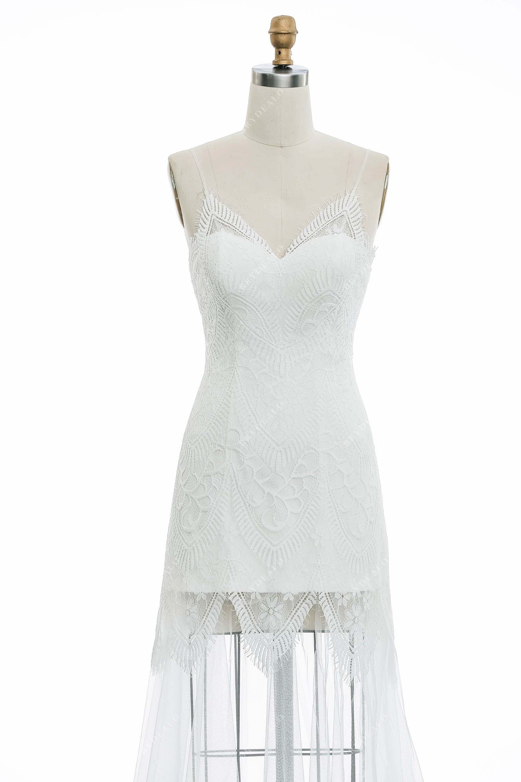 sheer lace V-neck thin straps bridal dress