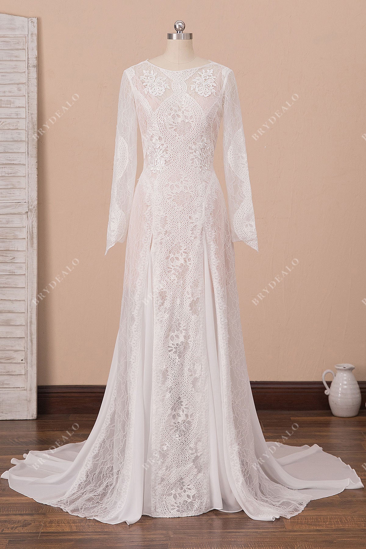 sheer lace chiffon boat neck long sleeve godet boho bridal dress