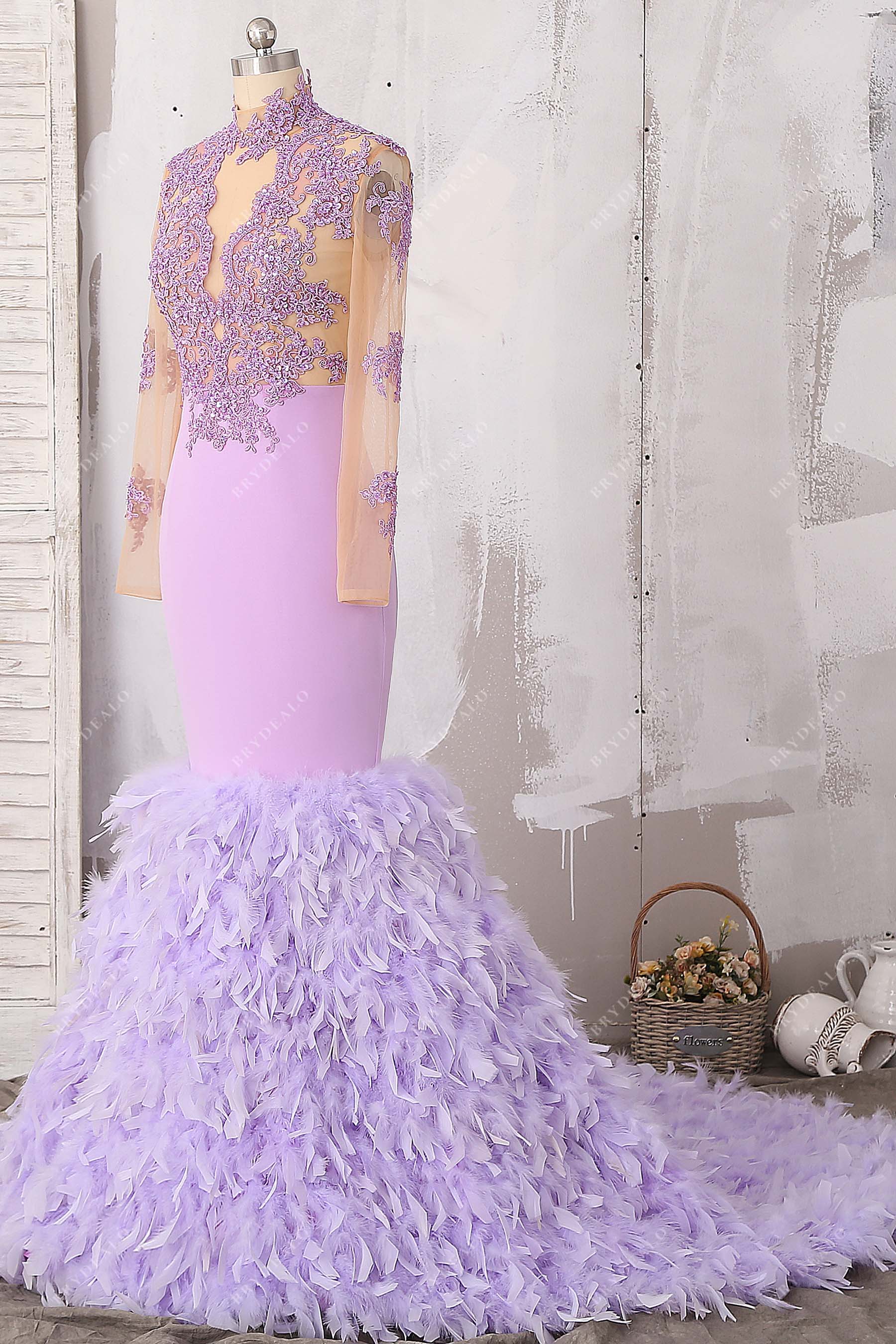 sheer long sleeve luxury trumpet feather prom gown
