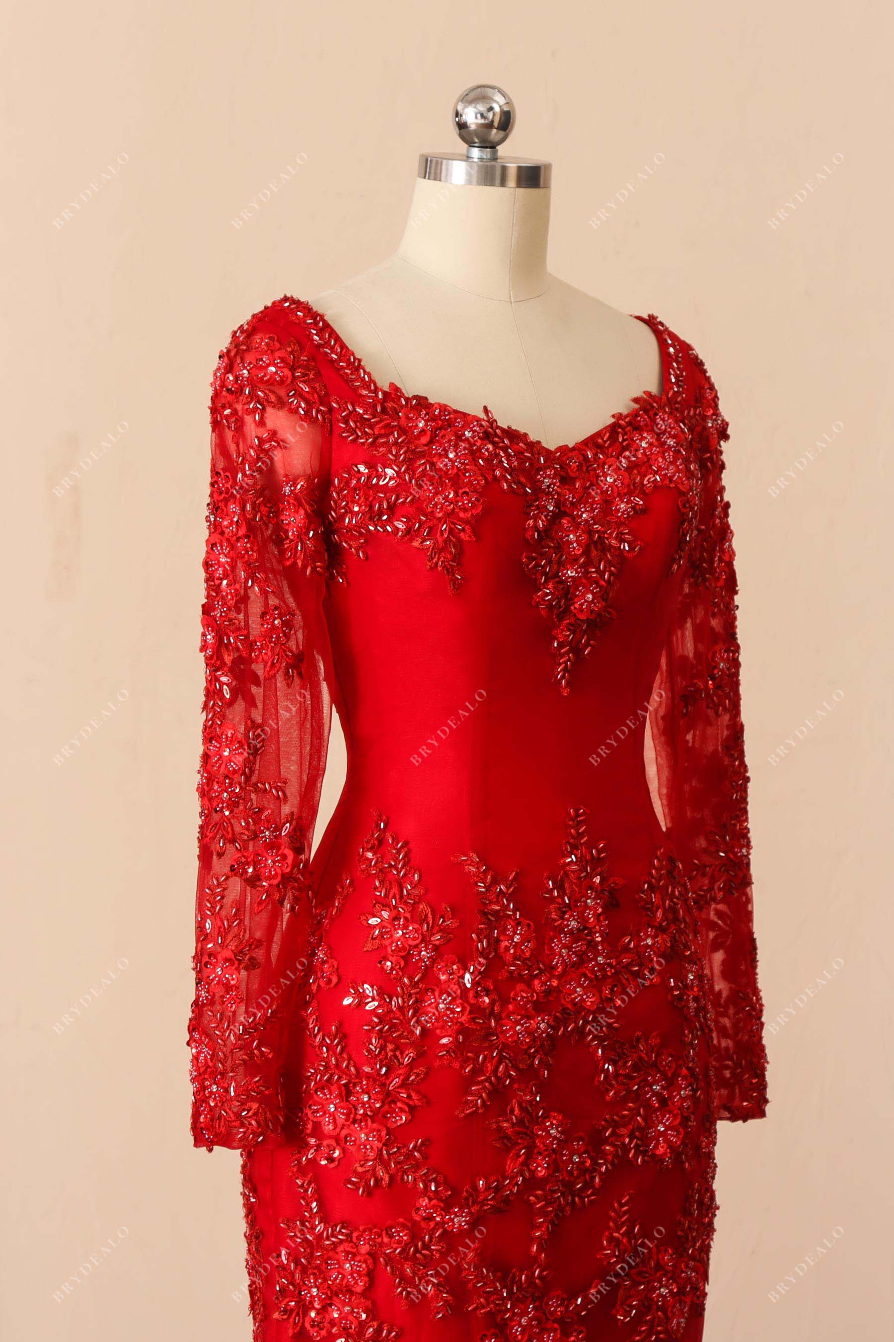 sheer long sleeves red beaded applique prom dress