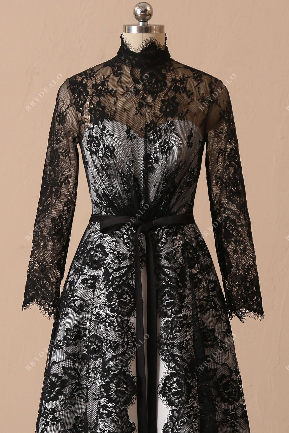 sheer long sleeves black lace dress