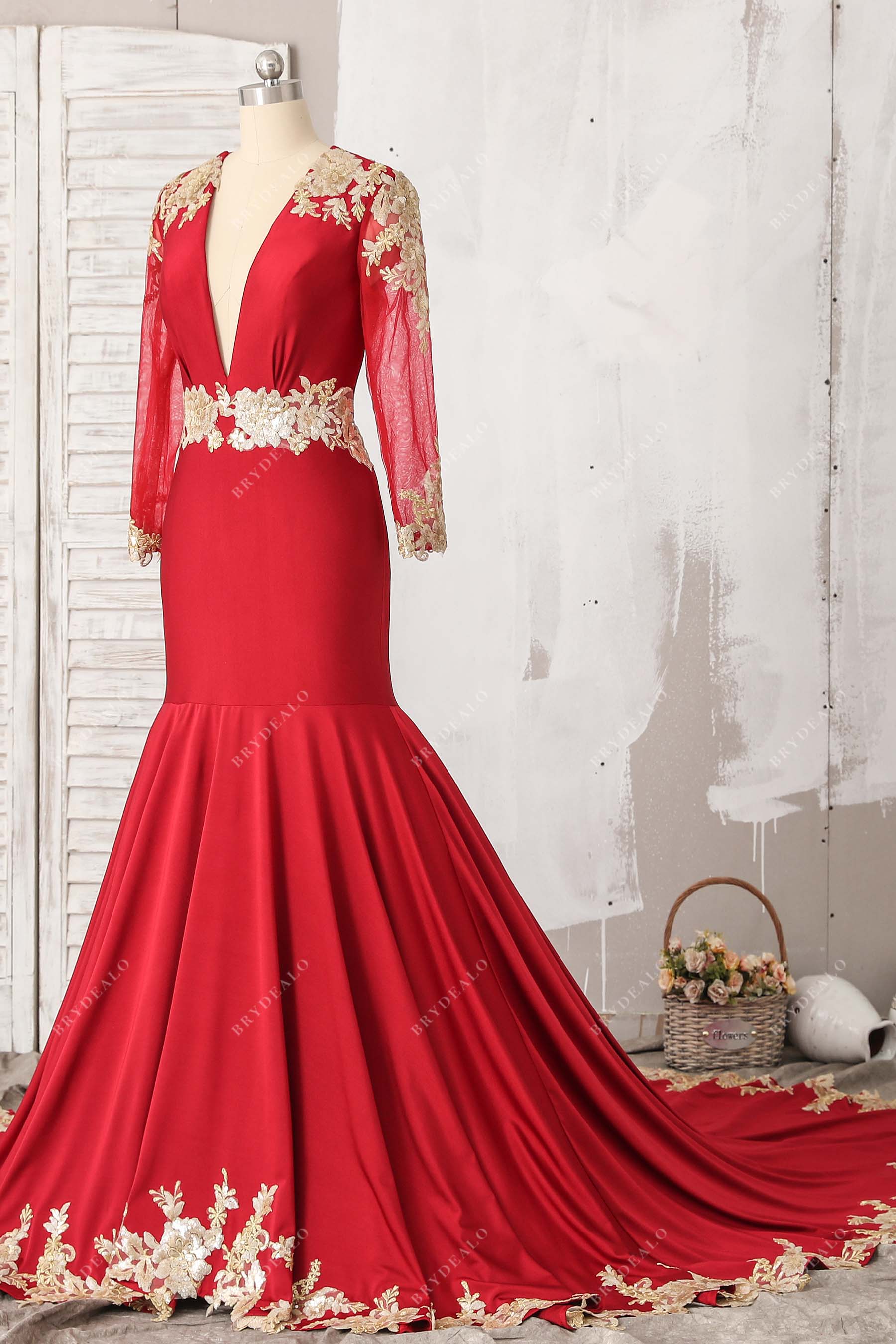 sheer sleeve mermaid red jersey prom gown