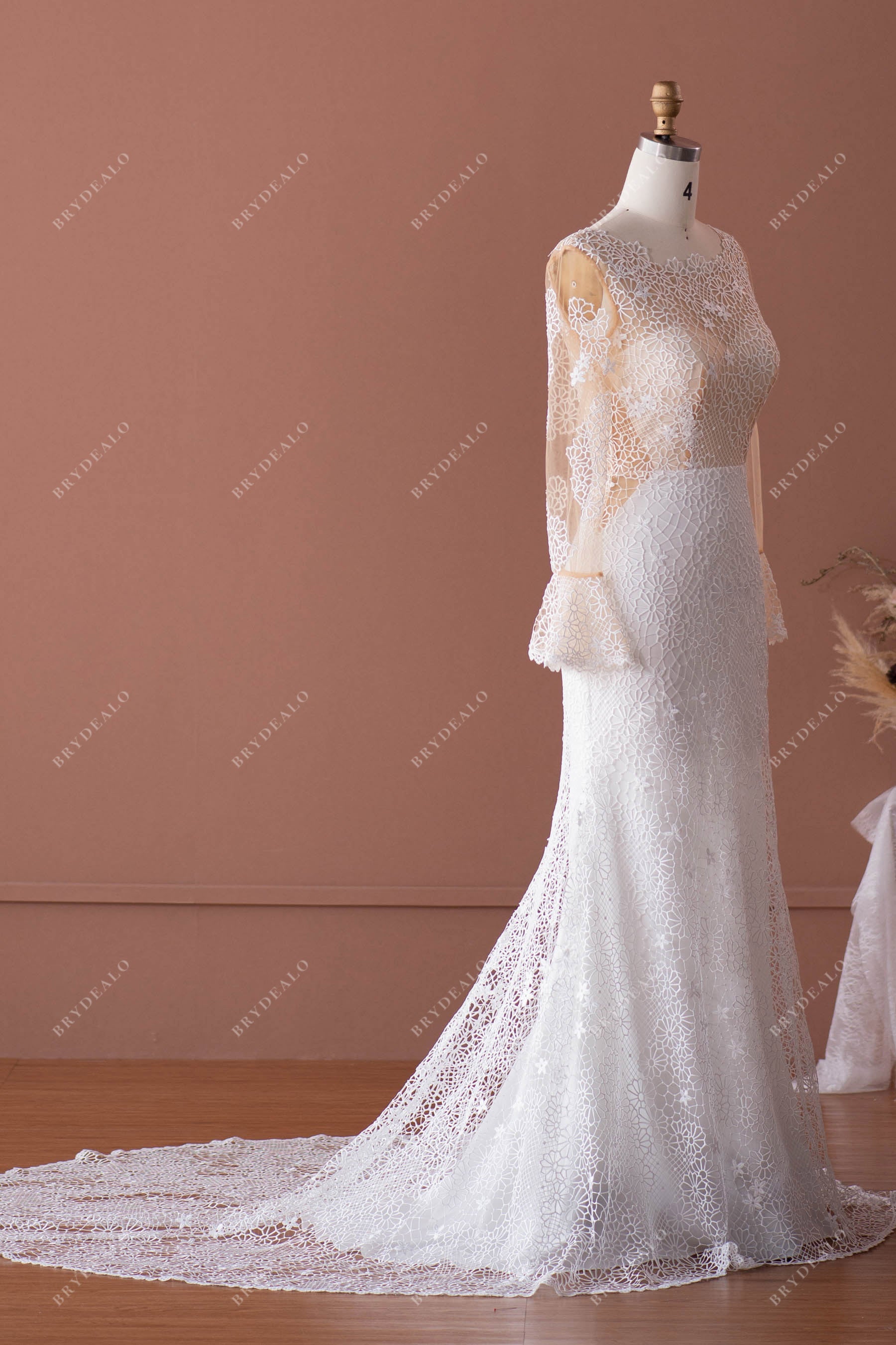 sheer sleeved lace mermaid wedding gown