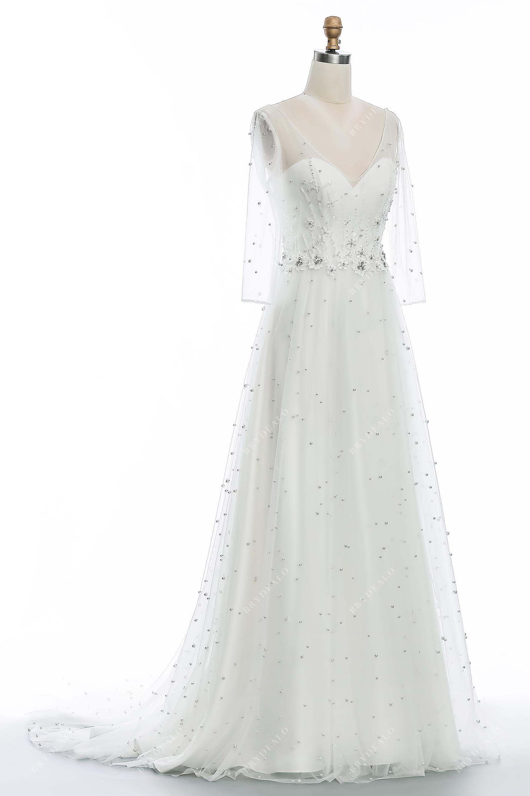 sheer sleeves A-line pearls bridal gown