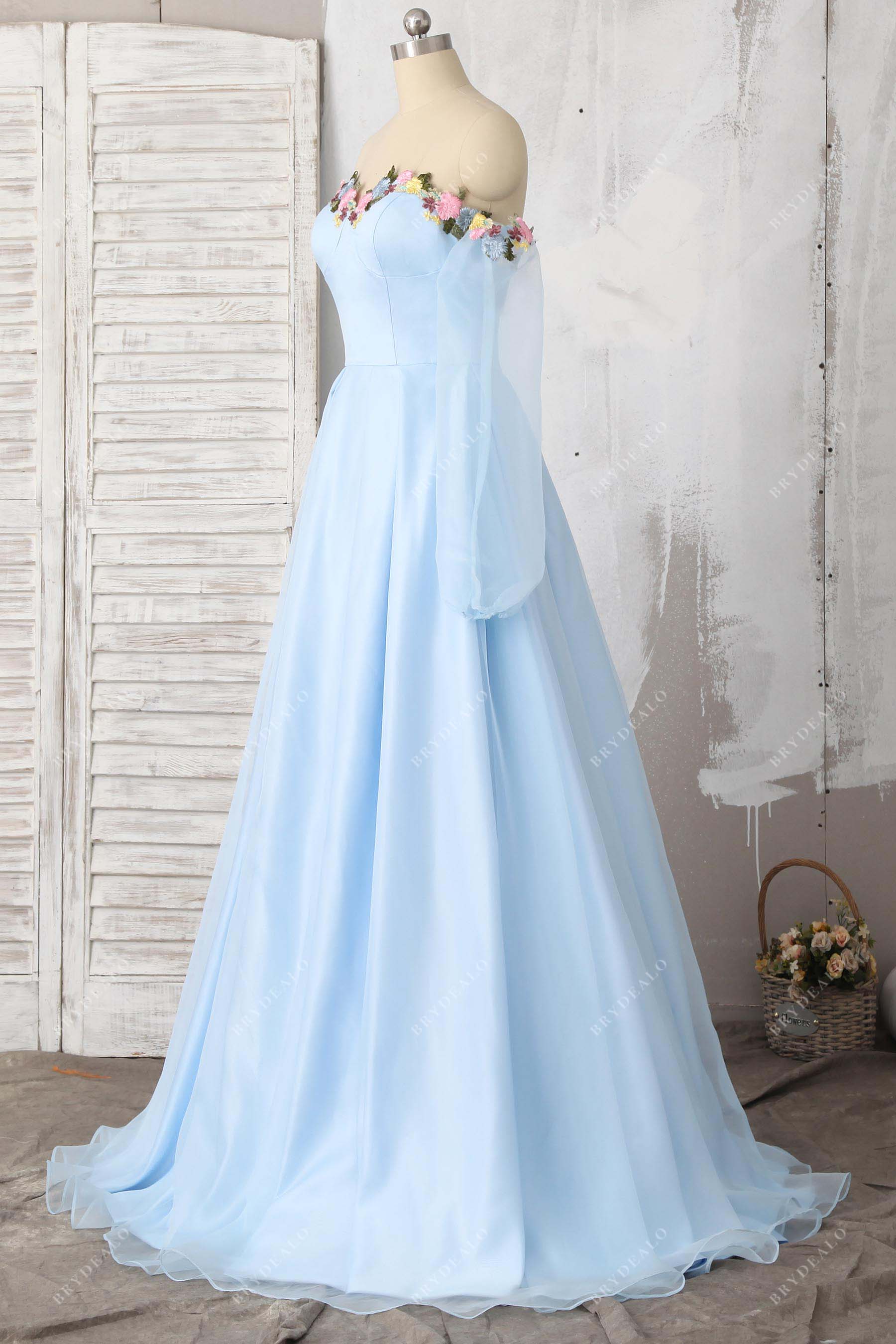 Off Shoulder Sky Blue Flower Sweetheart Prom Gown