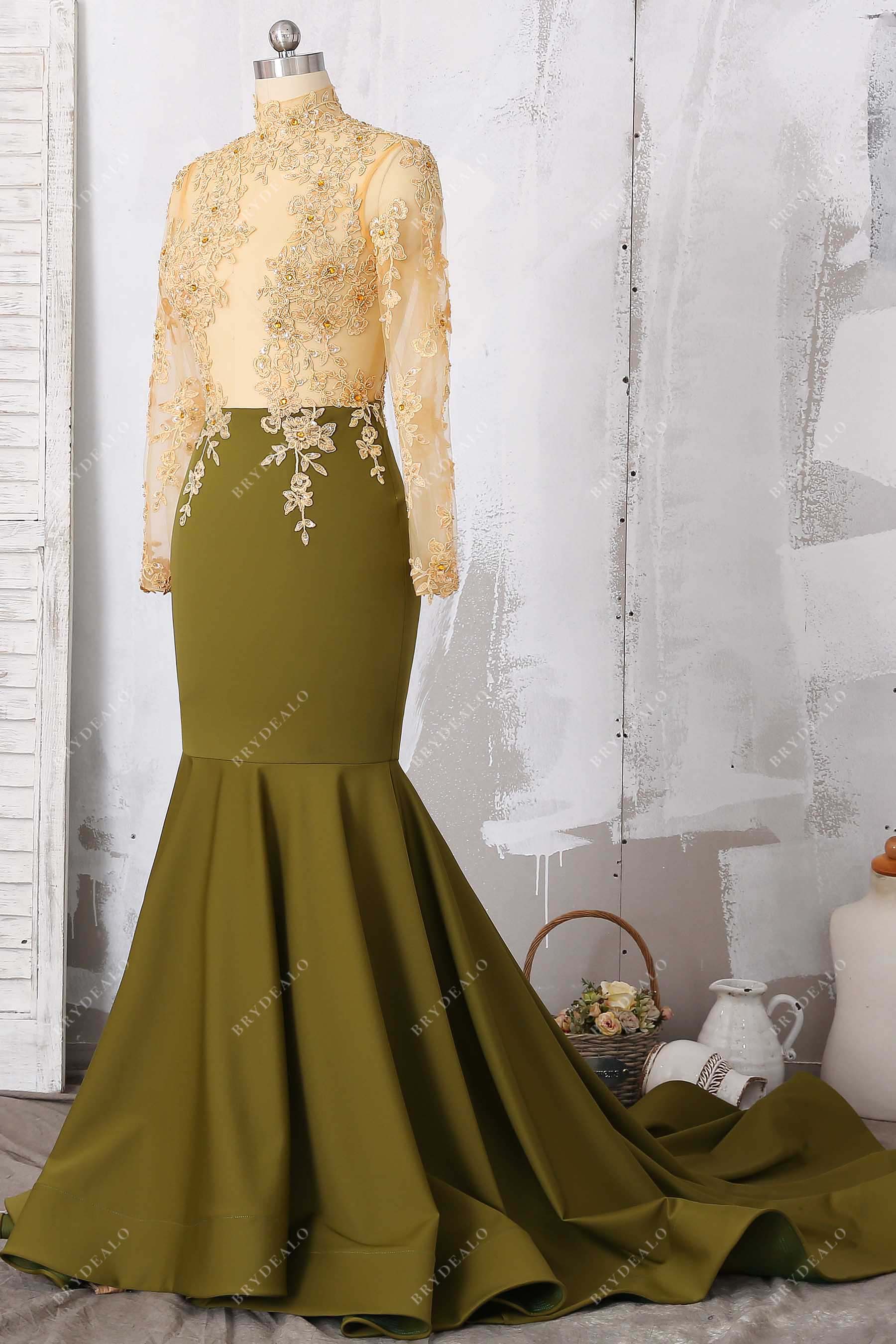sheer sleeves beaded lace jersey prom gown