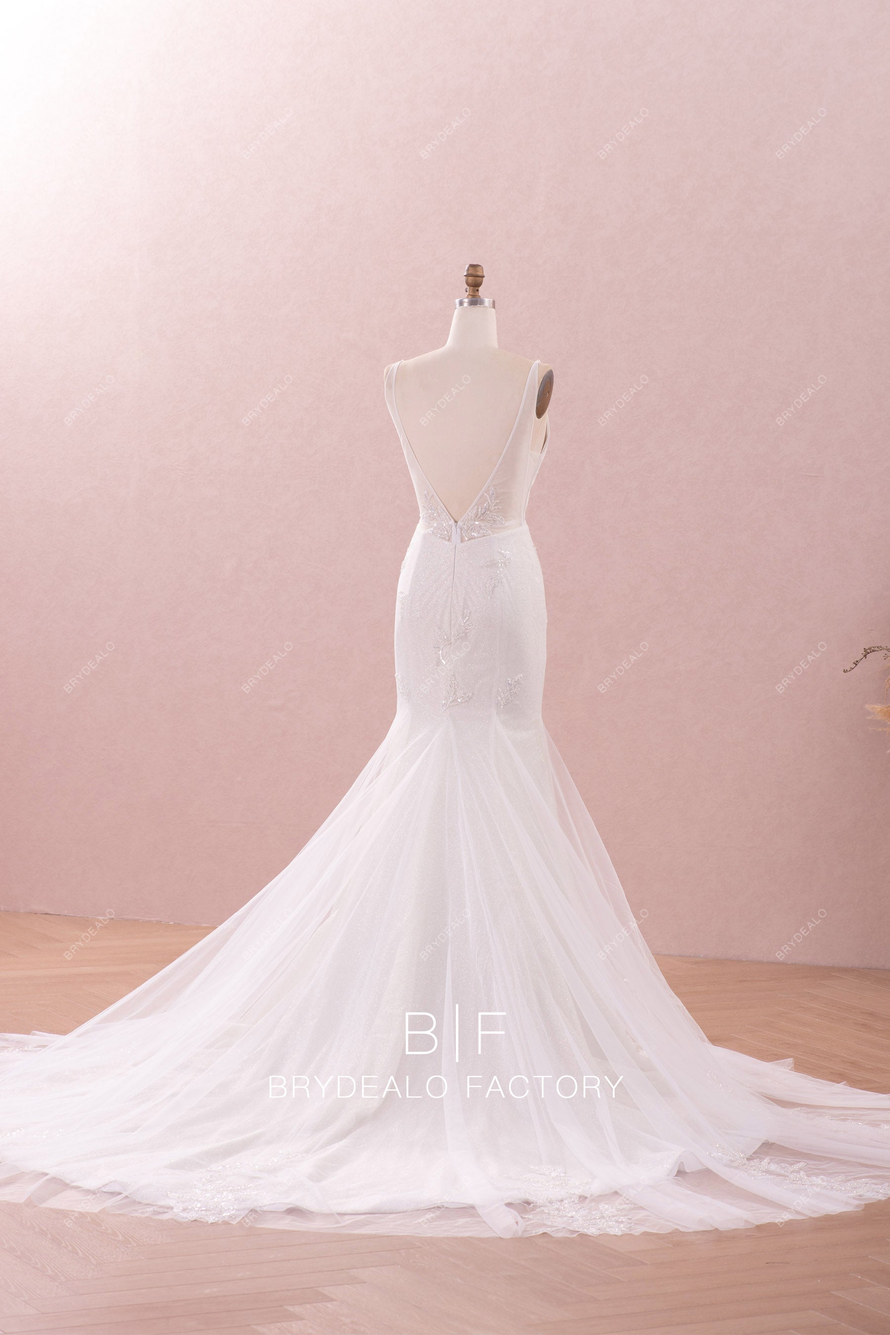 sheer v-back fit flare wedding dress