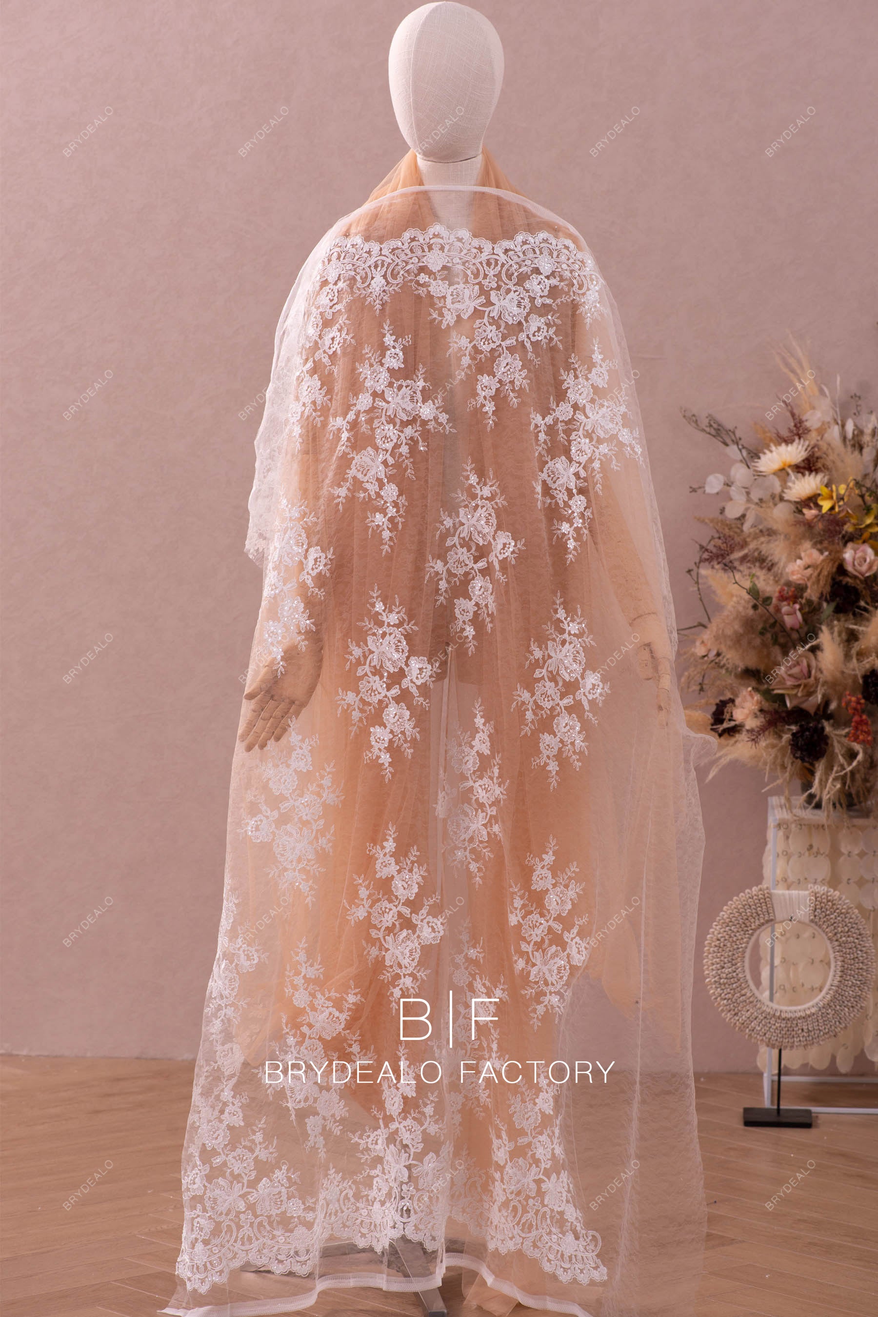 High Quality Shimmery Sequin Corded Flower Double Border Lace F0087