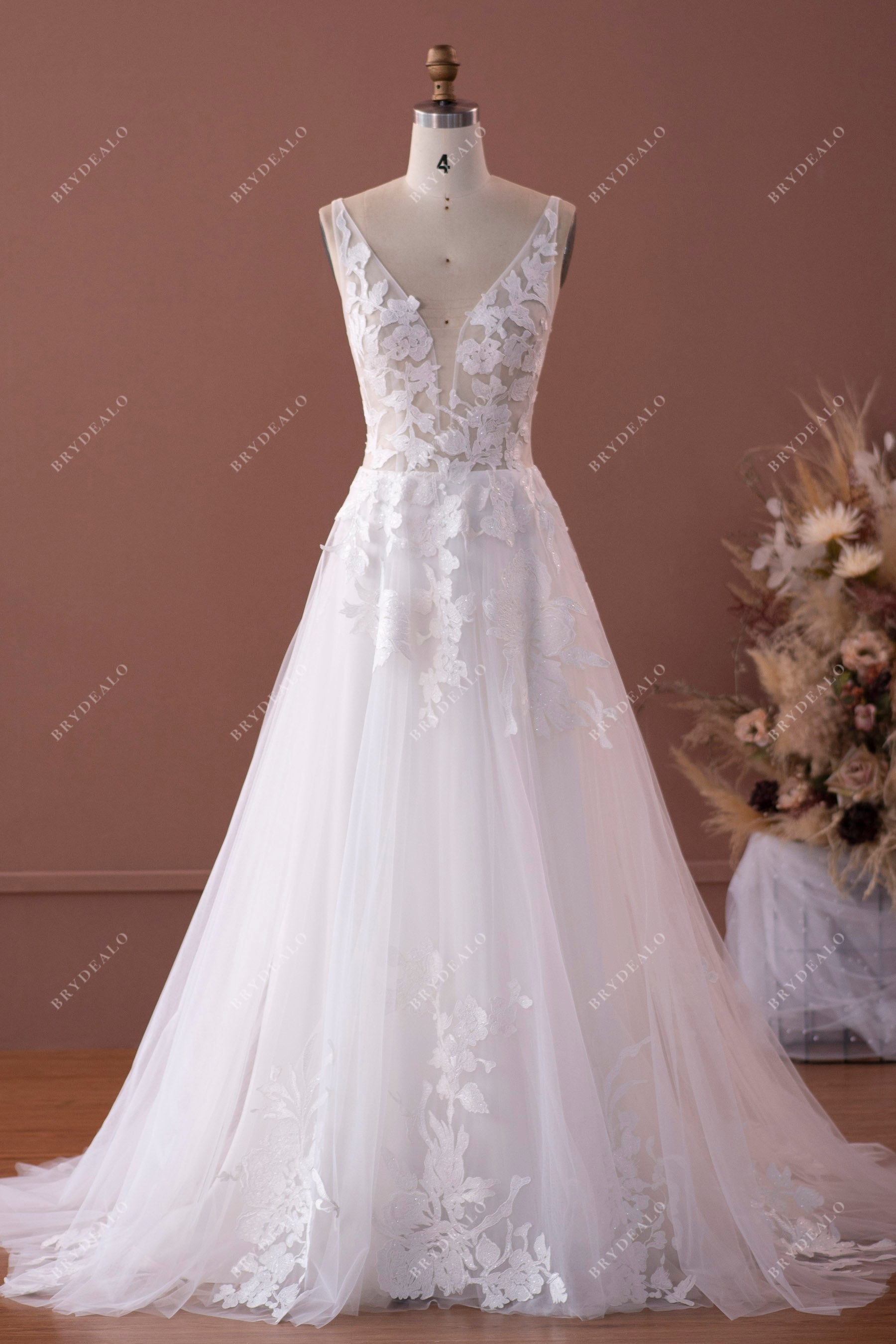 shimmery flower lace plunging A-line wedding dress