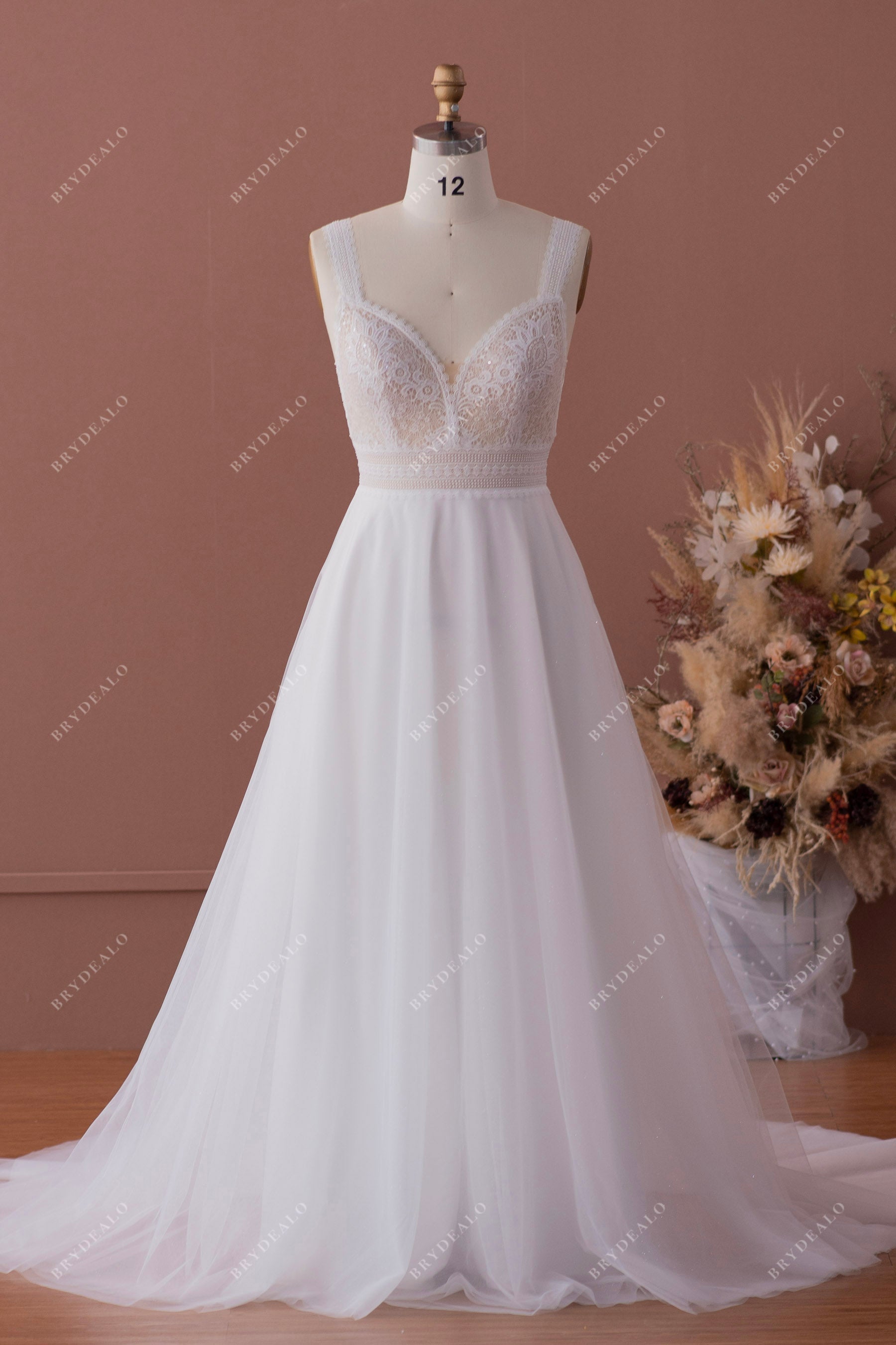 shimmery lace straps plunging tulle wedding dress