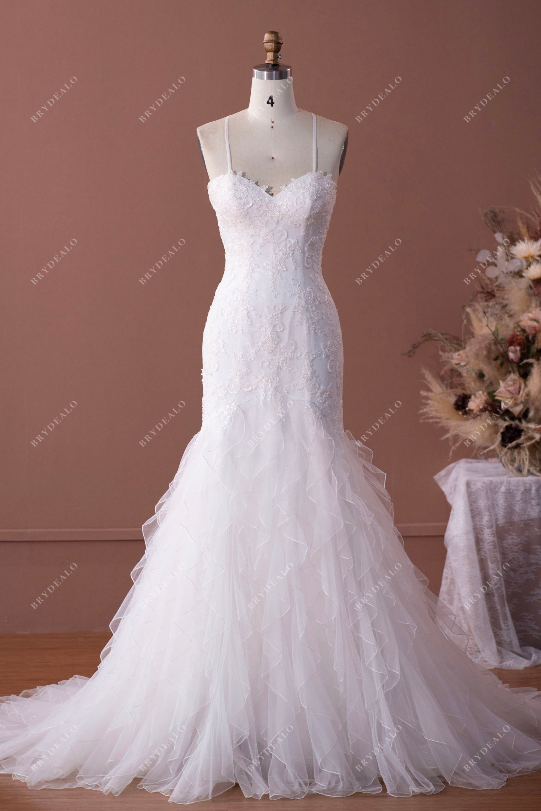 Spaghetti Strap Sweetheart Lace Ruffled Mermaid Wedding Dress