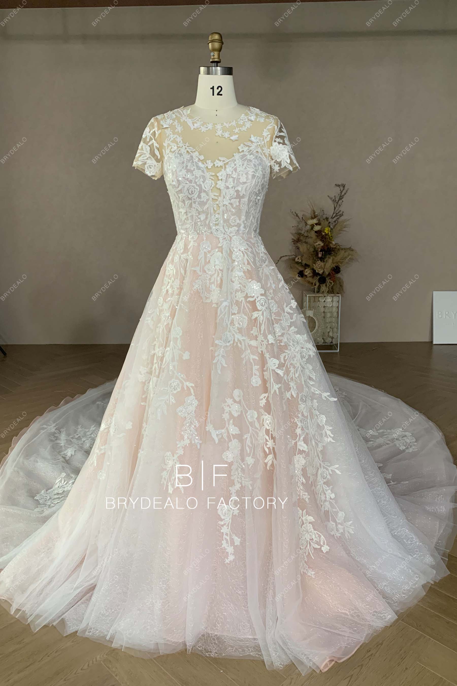 short sleeve shimmery lace Aline wedding dress