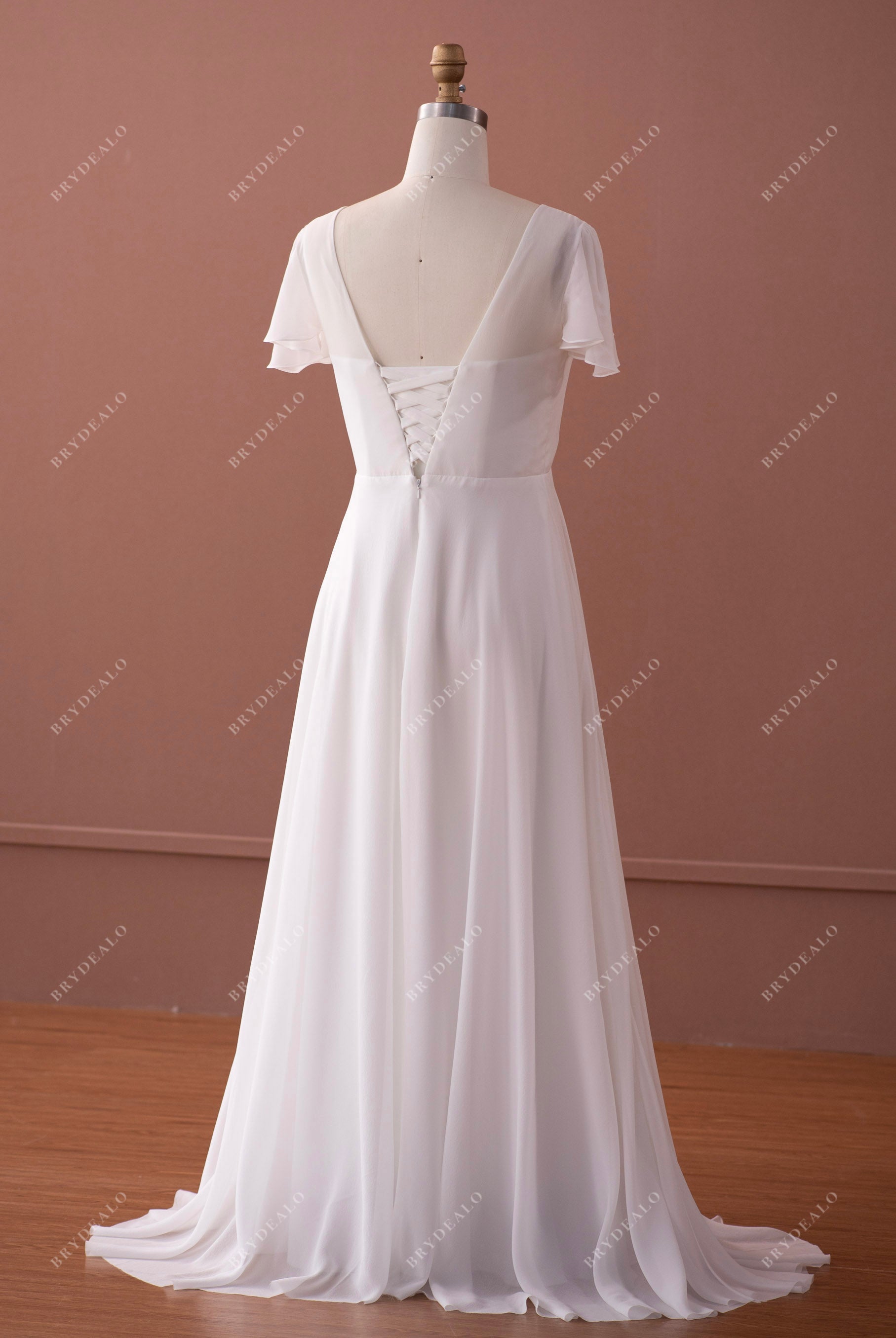 silk georgette lace up back bridal gown
