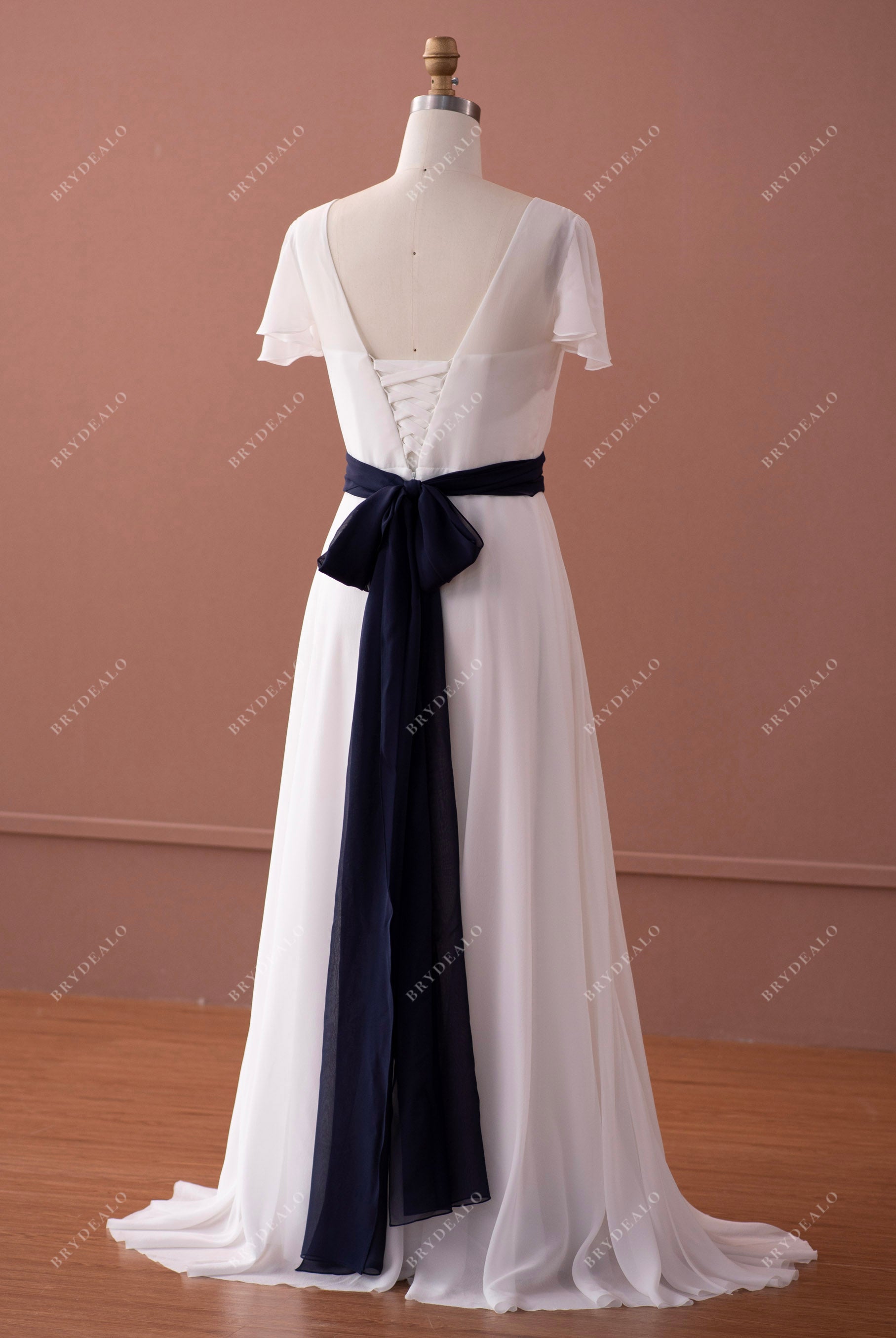 silk georgette lace up sash back wedding dress