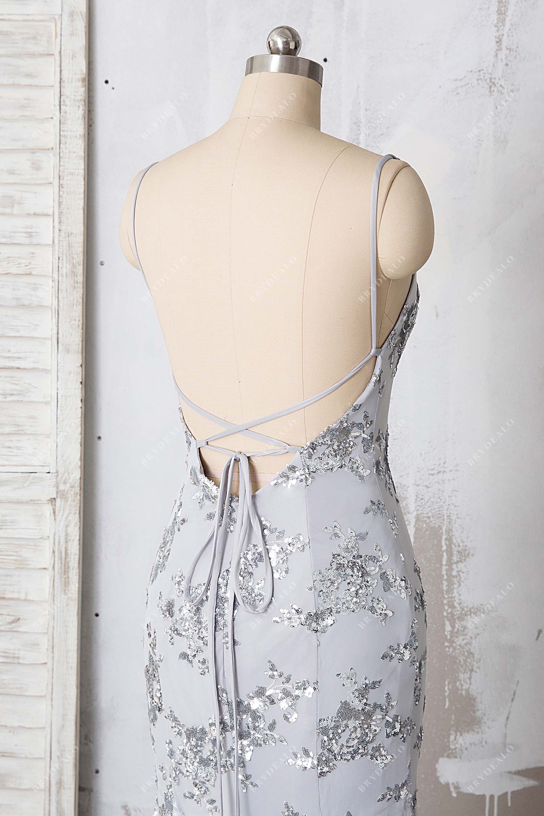 silver open crisscross back gown