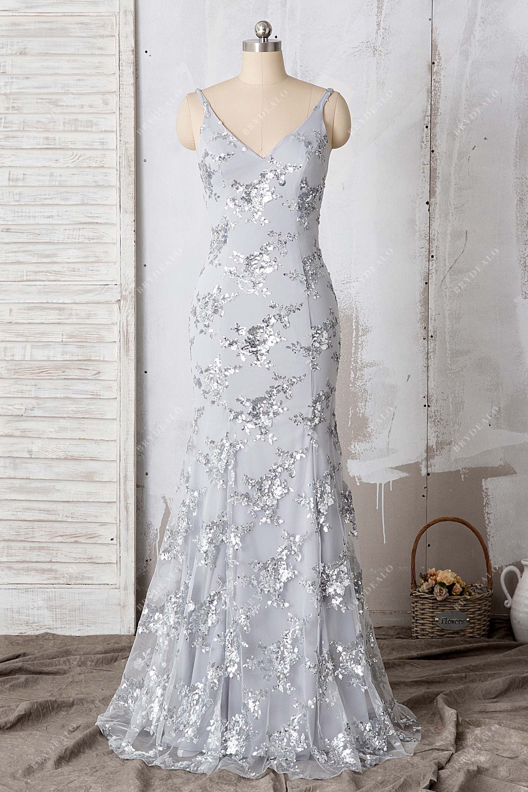 silver sequin V-neck mermaid prom dress