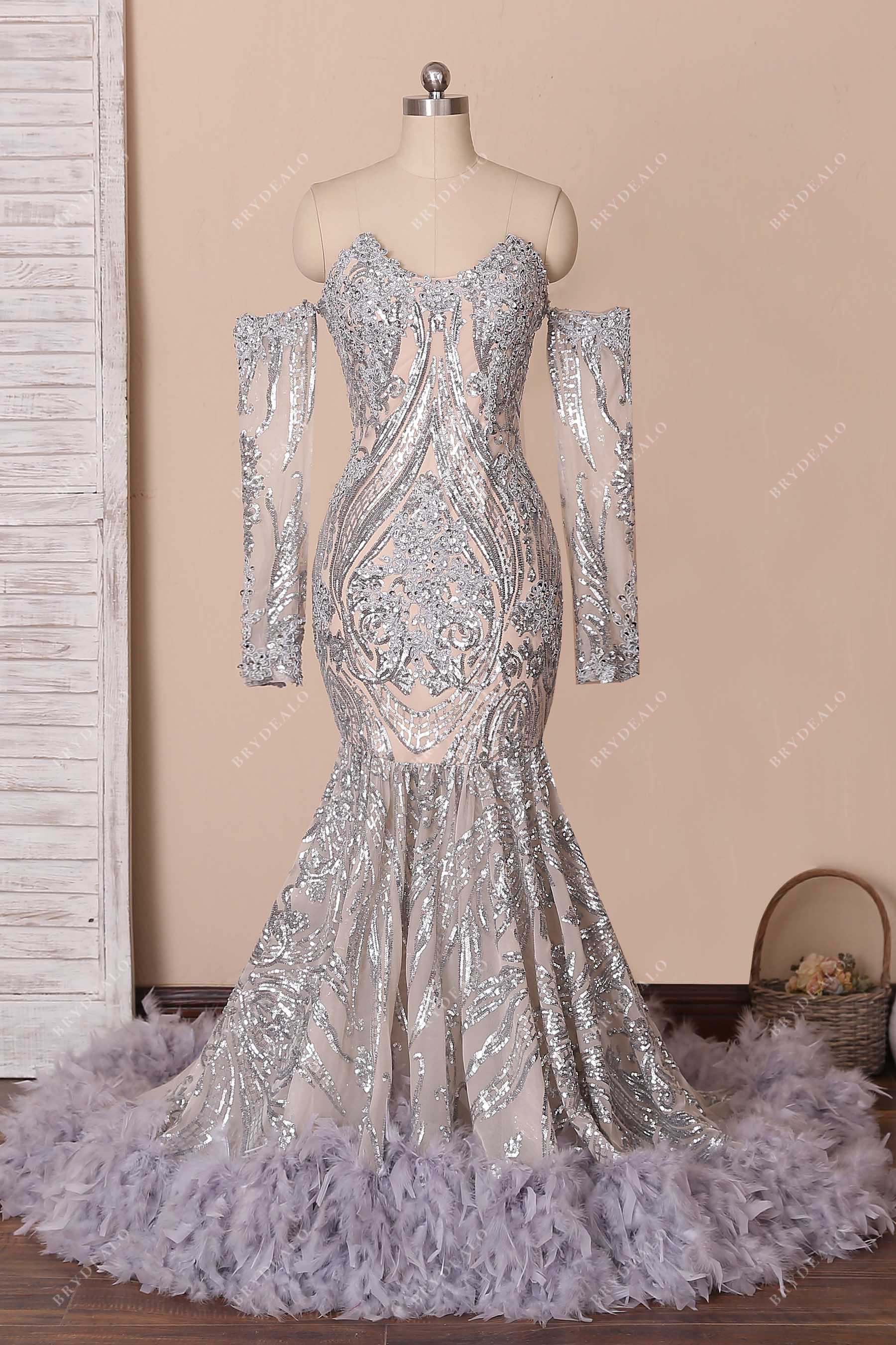 silver sequin feathered mermaid prom dress
