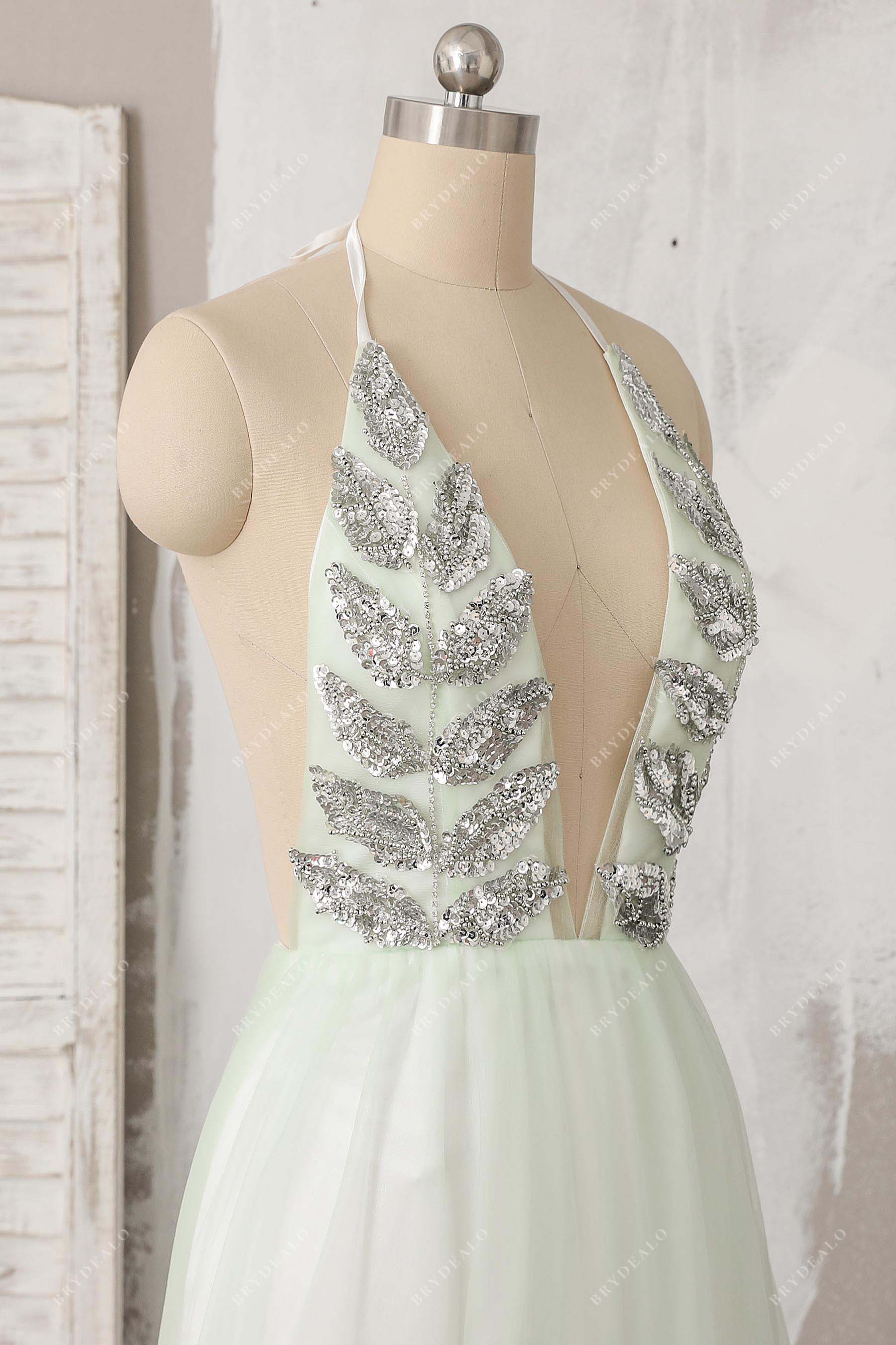 silver sequin mint tulle prom dress
