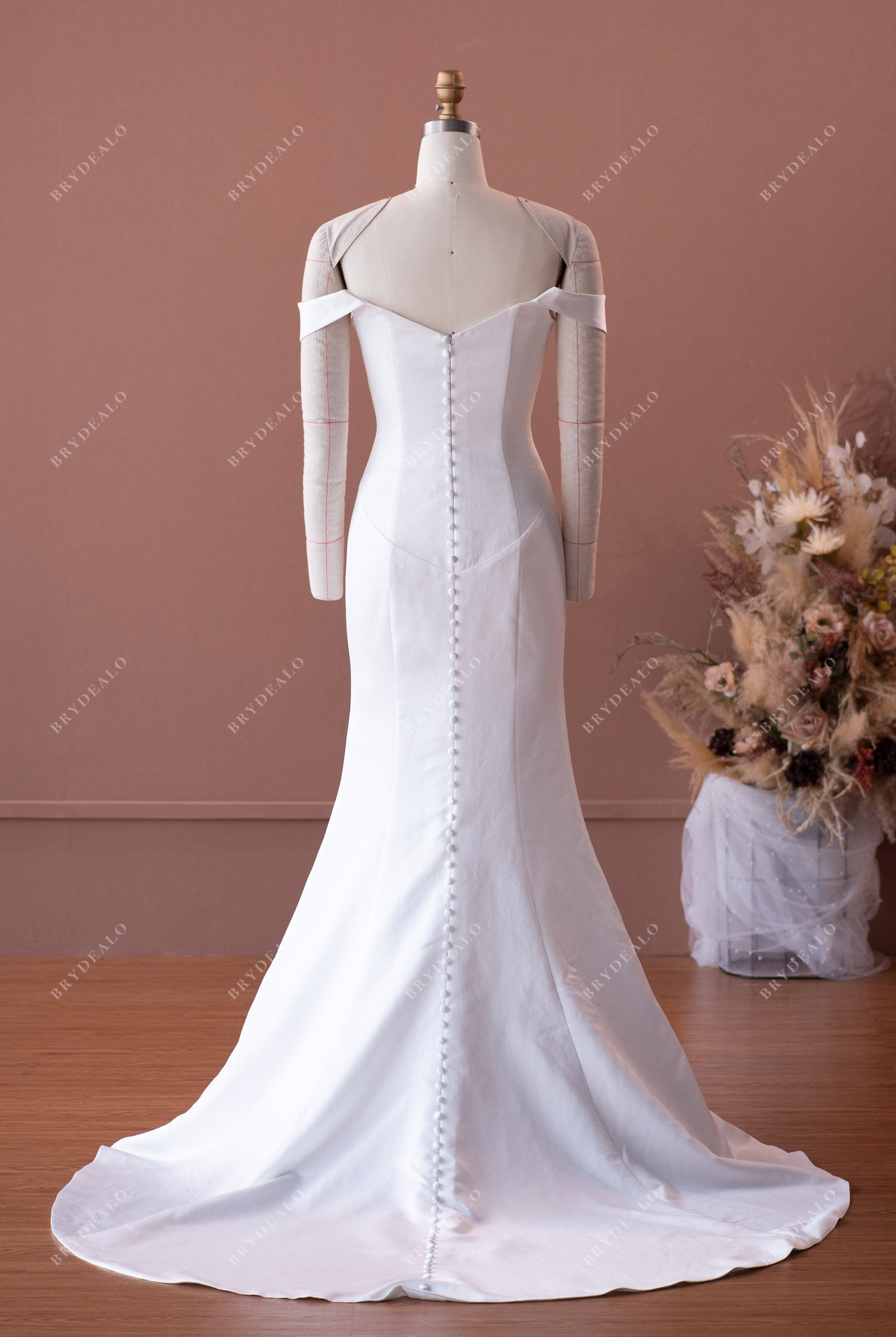 simple buttoned back long satin wedding dress