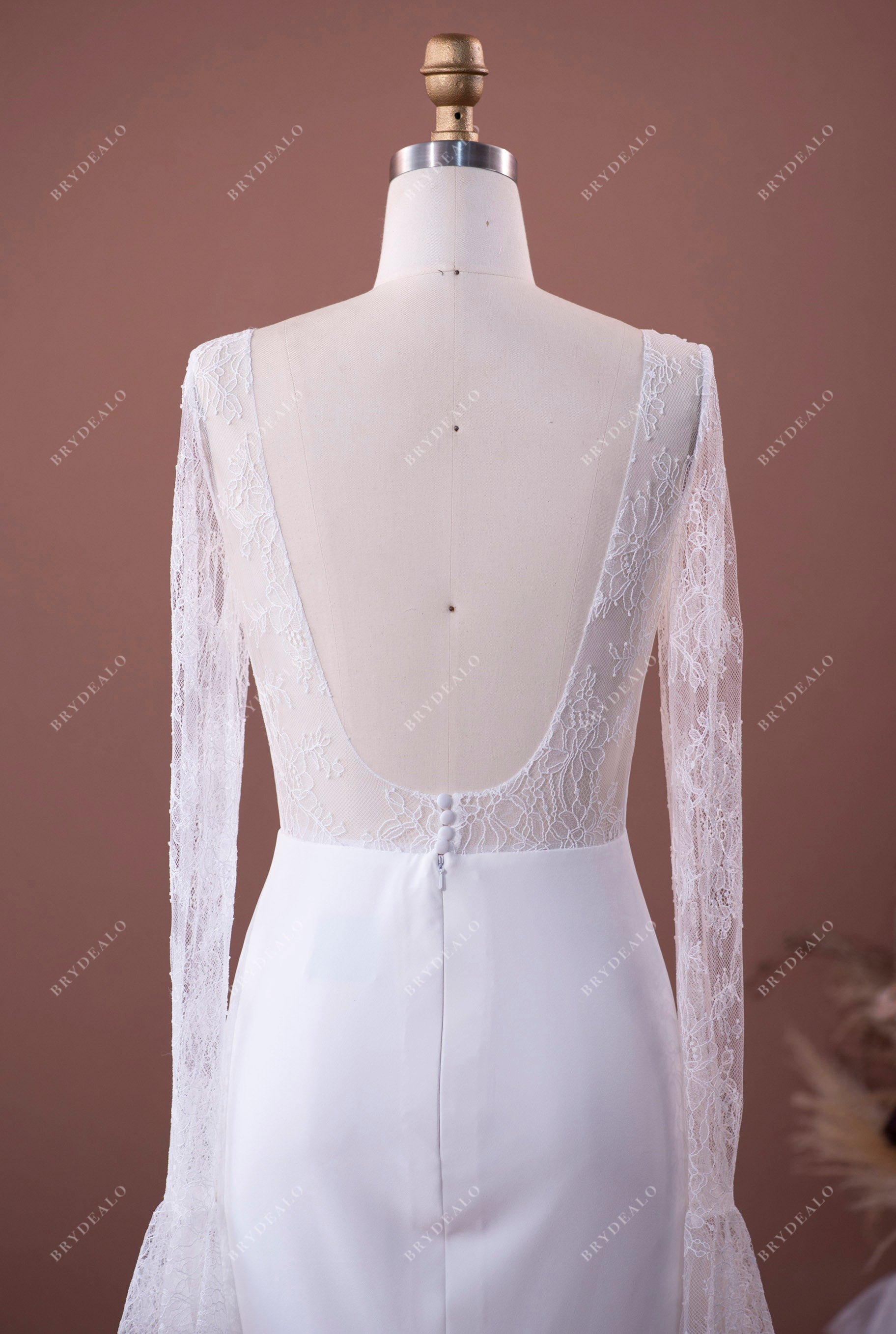 simple long lace sleeve crepe mermaid wedding gown