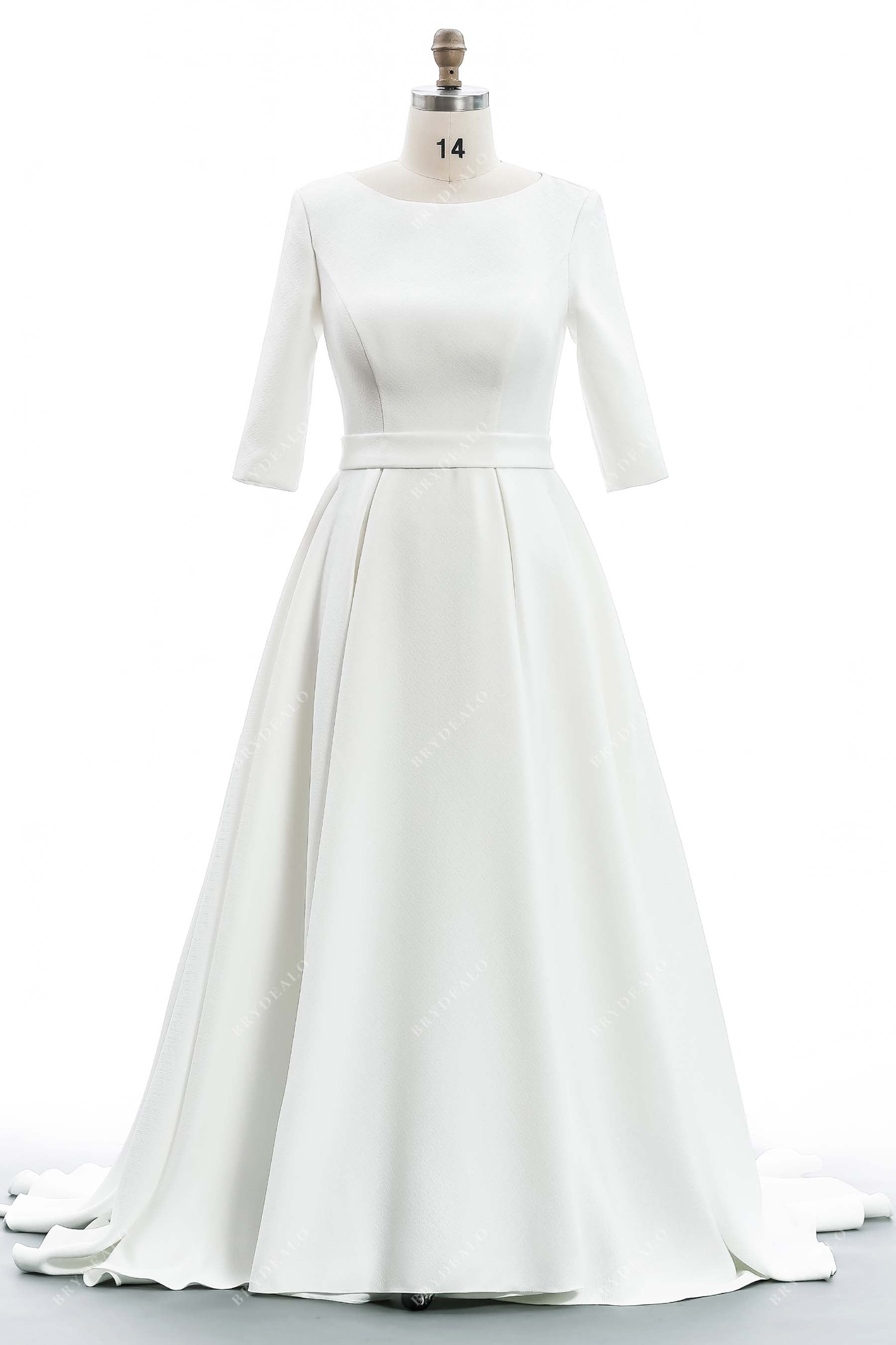 simple satin boat neck sleeve full back A-line wedding gown