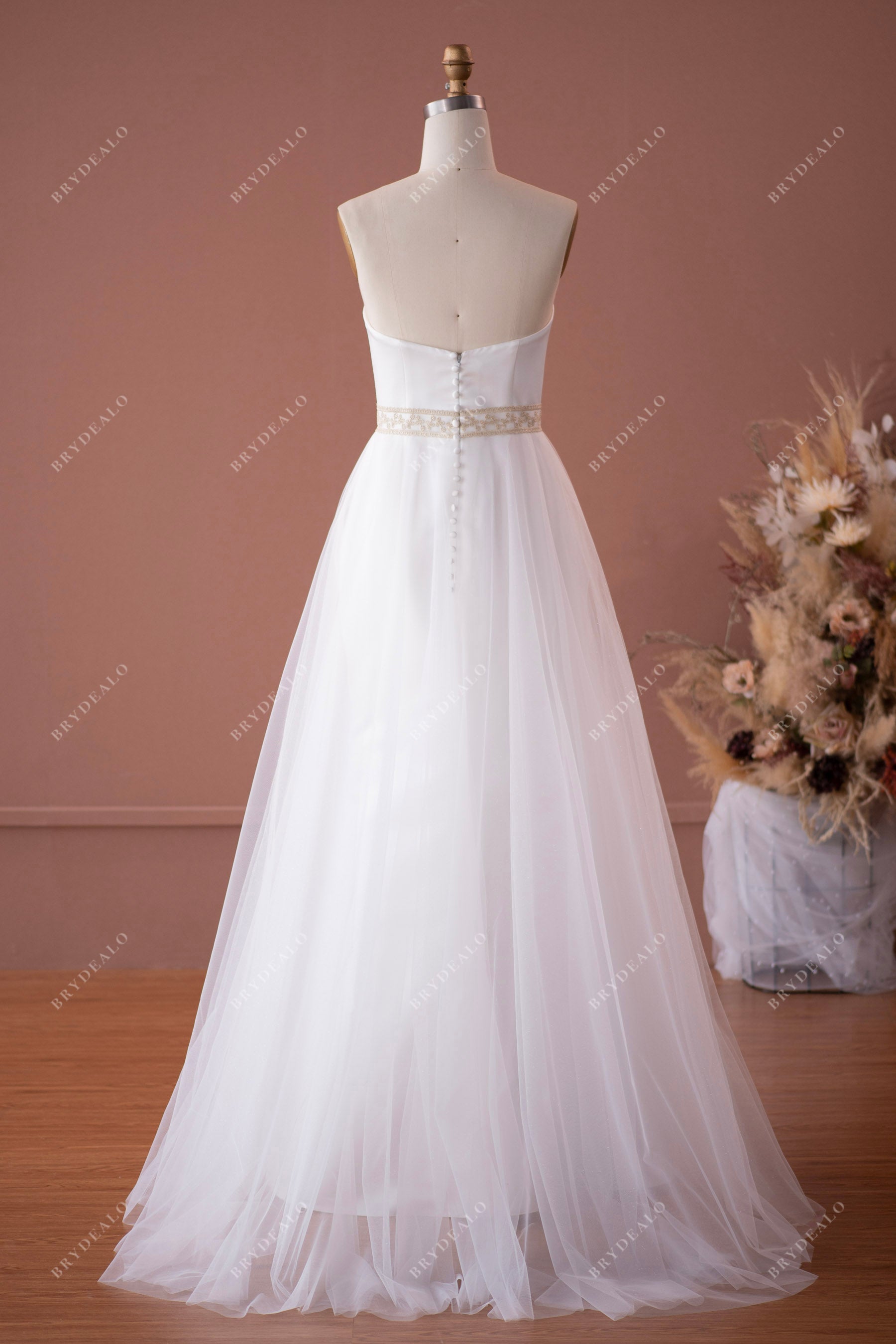 simple satin tulle A-line sweep train bridal dress for wholesale