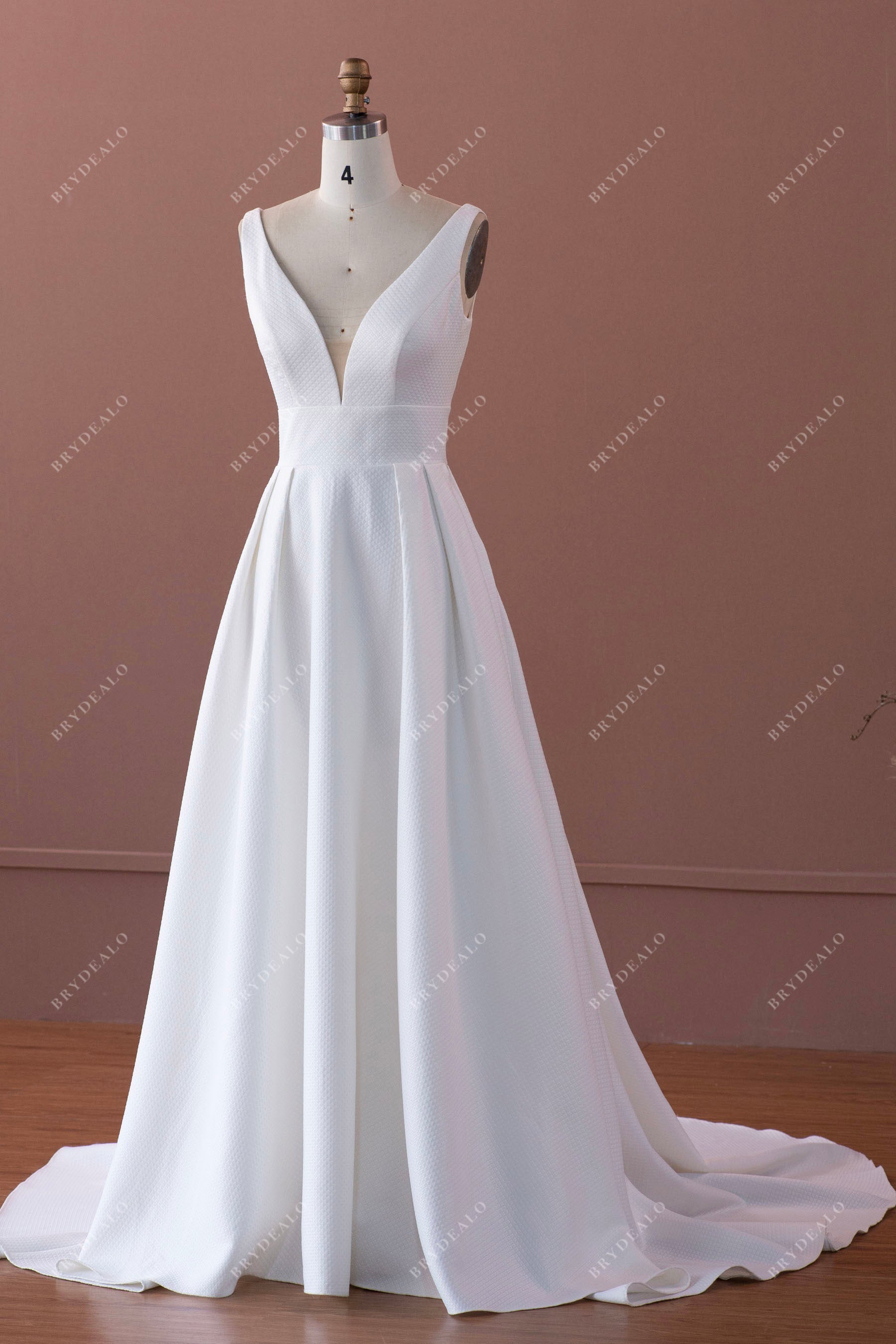 simple straps plunging A-line long wedding dress sample