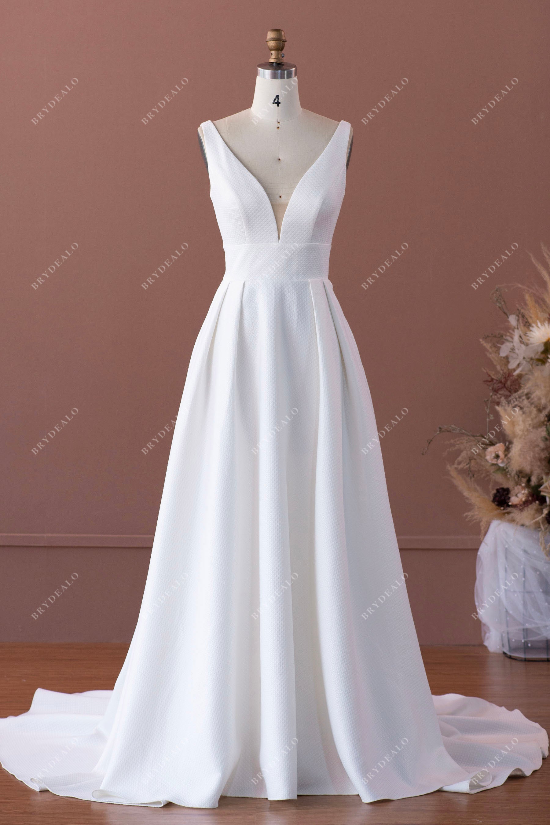 simple straps plunging A-line wedding dress sample