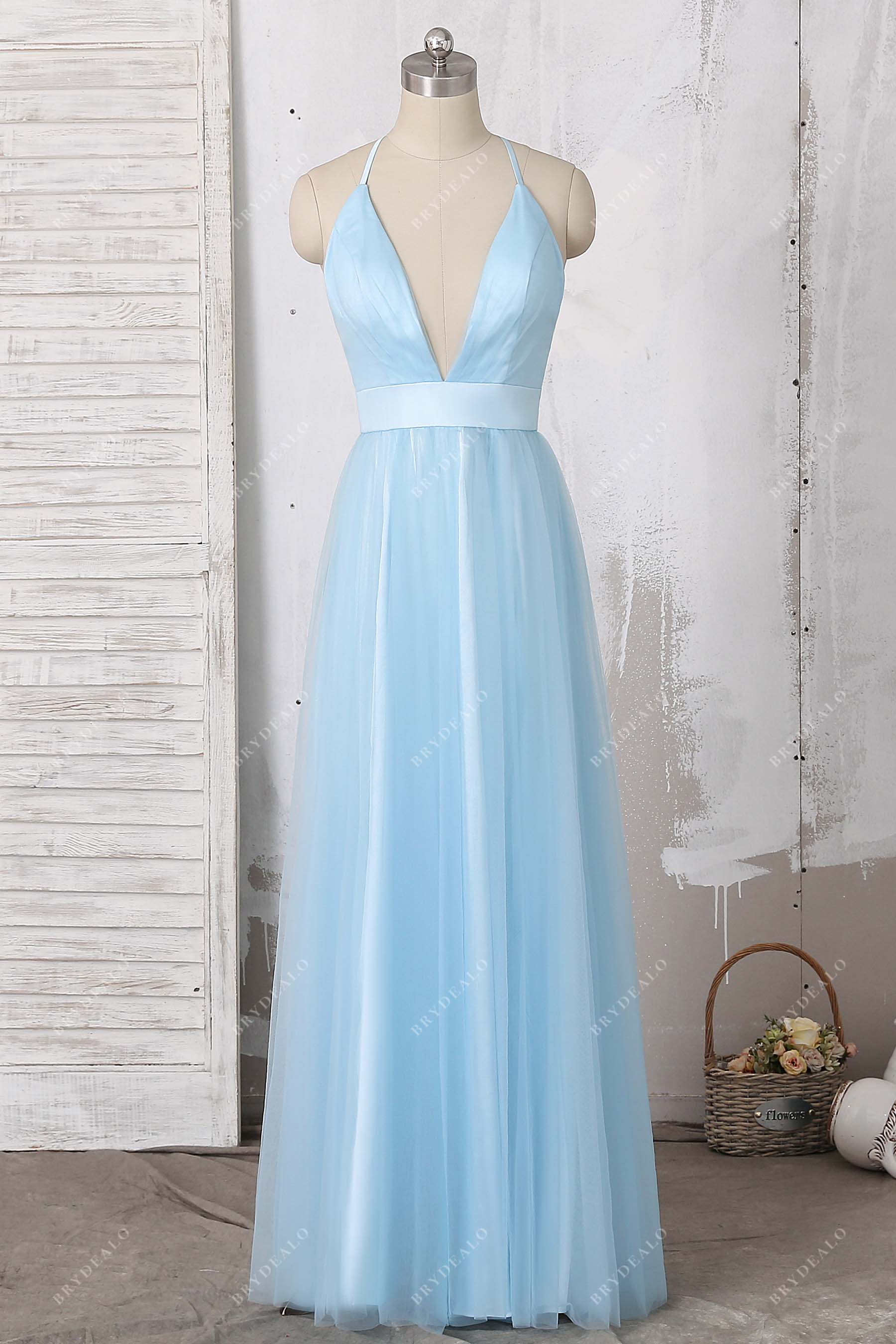 sky blue tulle A-line prom dress