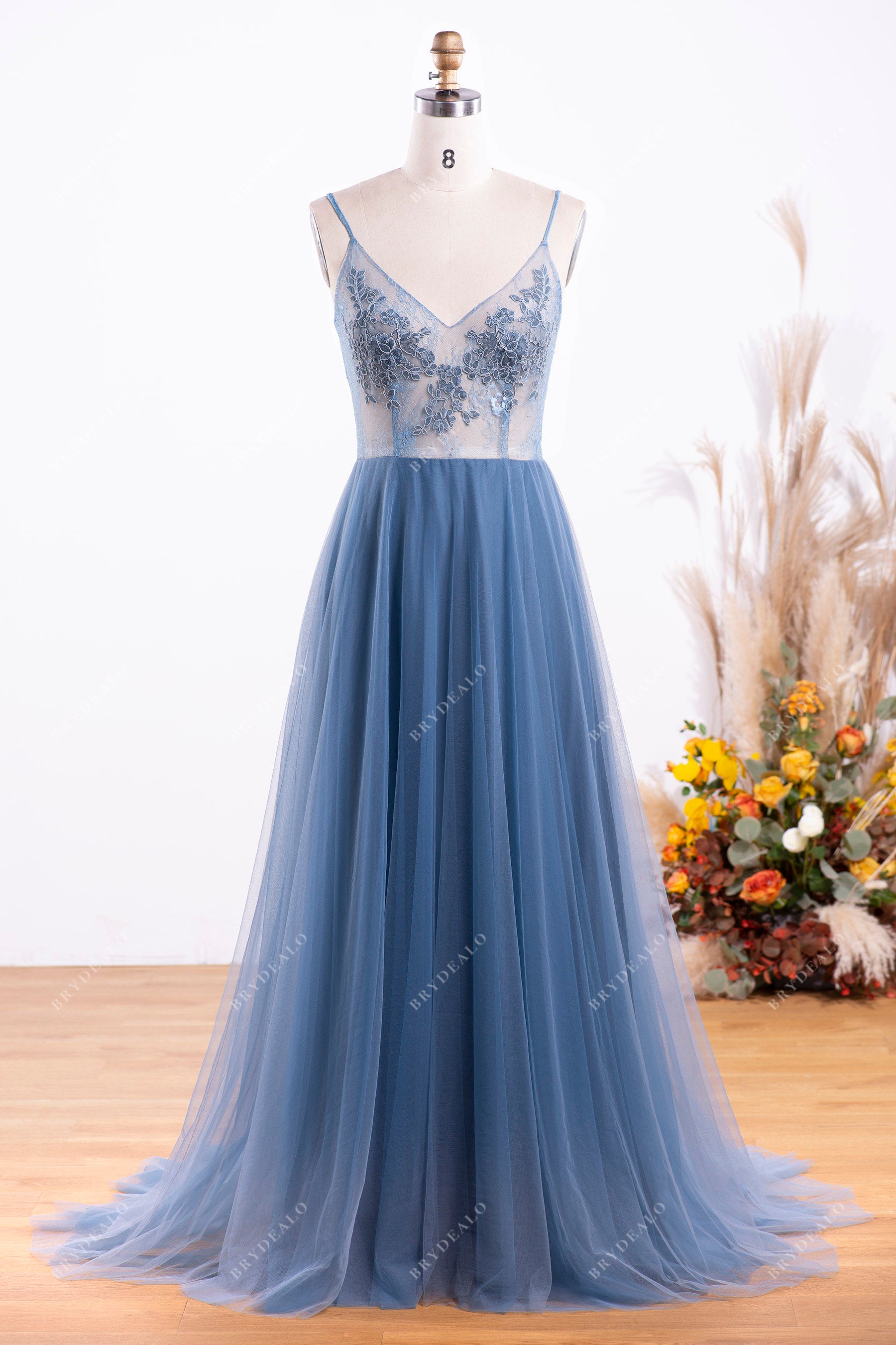 Wholesale Slate Blue Sheer Lace Tulle V-neck Wedding Dress