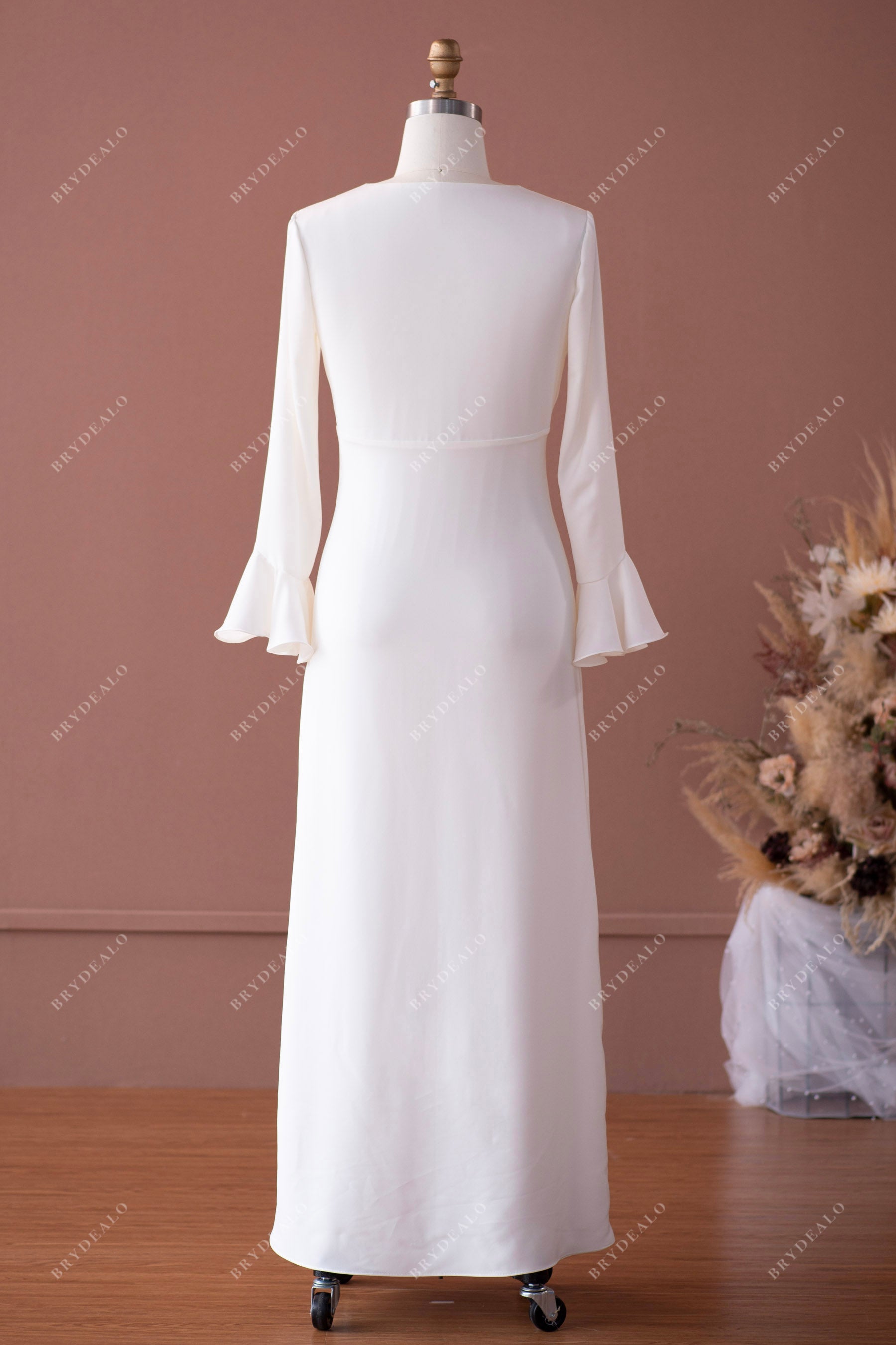 sleeved fitted satin ankle length wedding dress