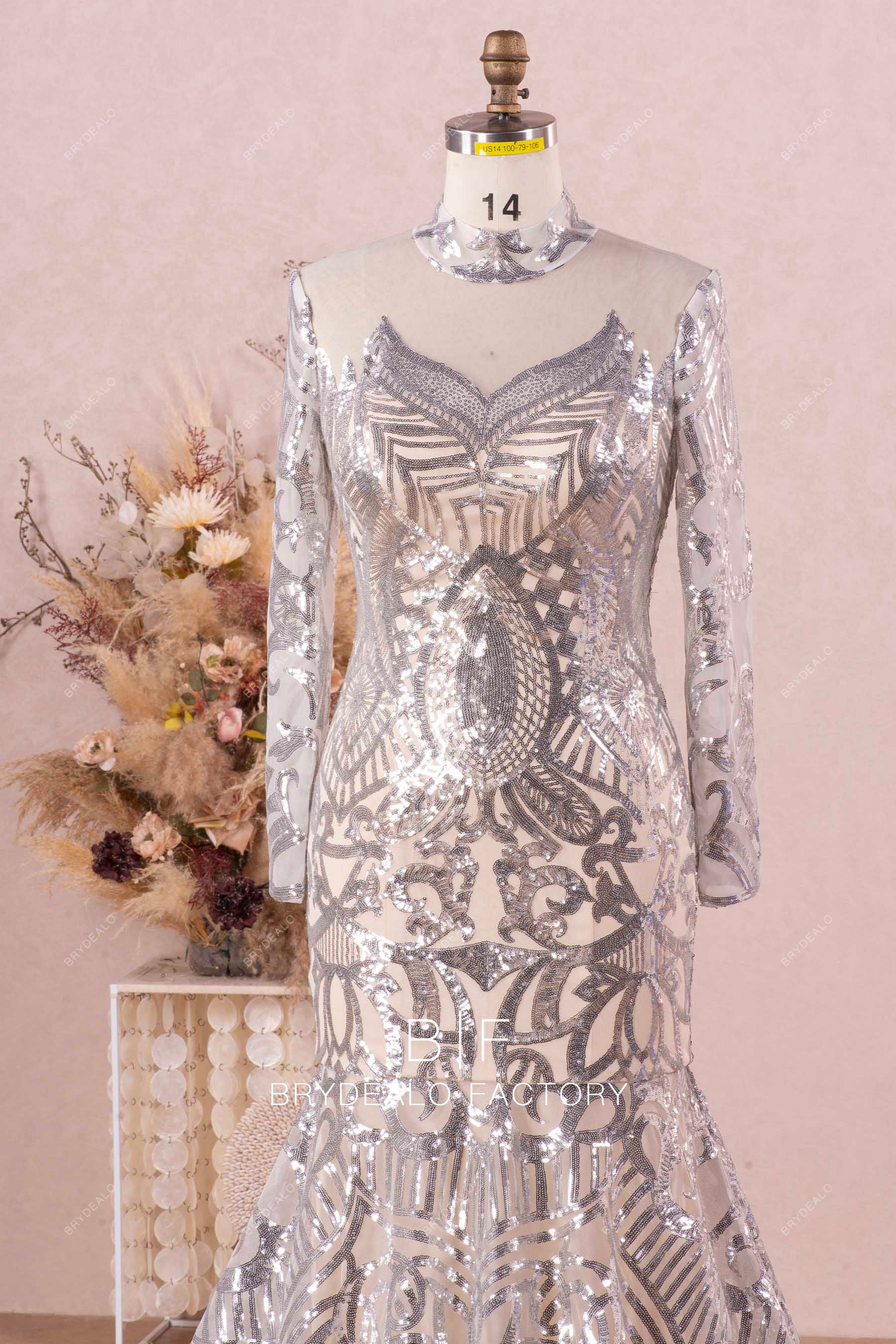 sleeved high neck sparkly sequin prom dress