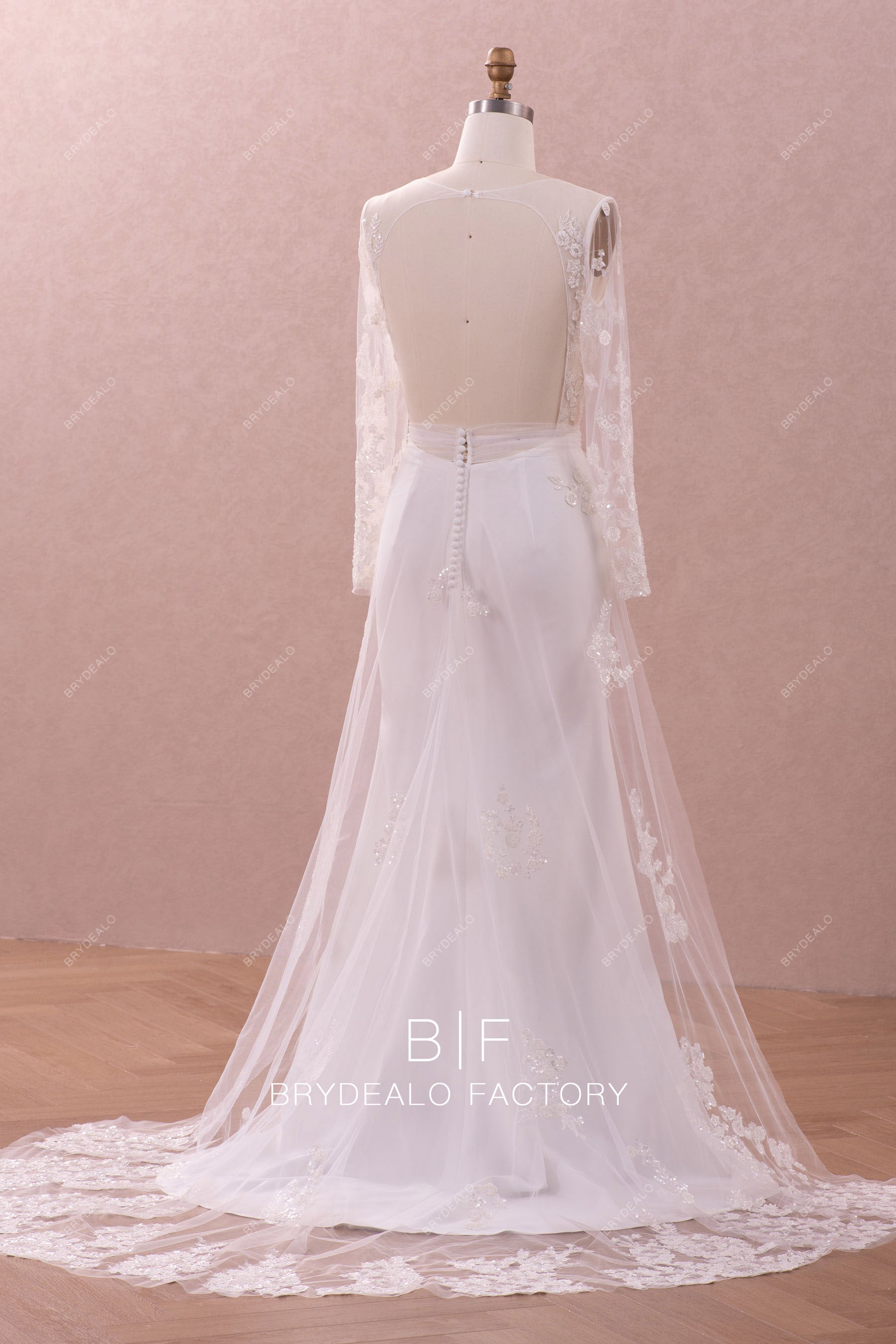 sleeved open wedding dress with overskirt