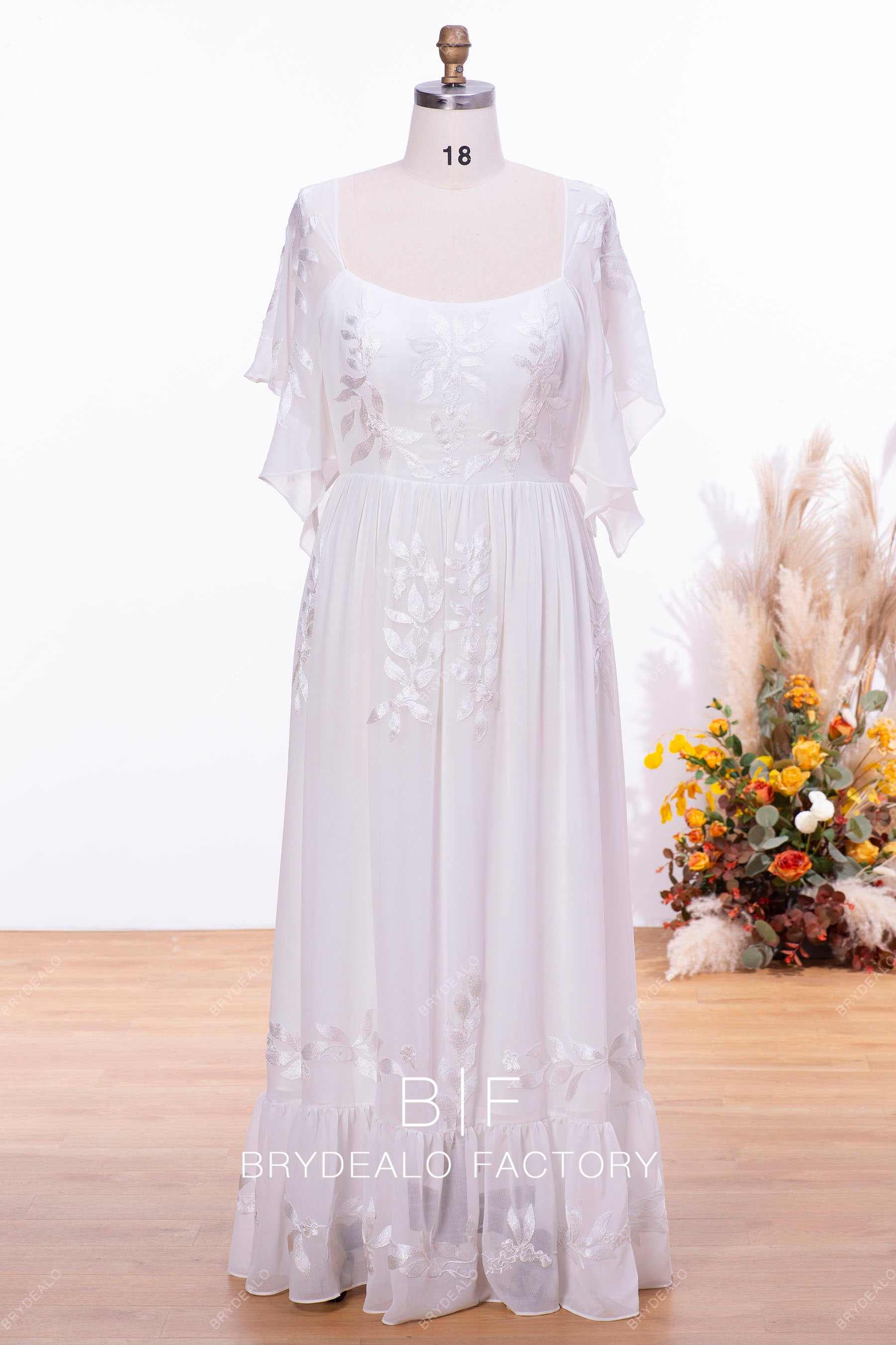 sleeved square neck chiffon lace bridesmaid dress