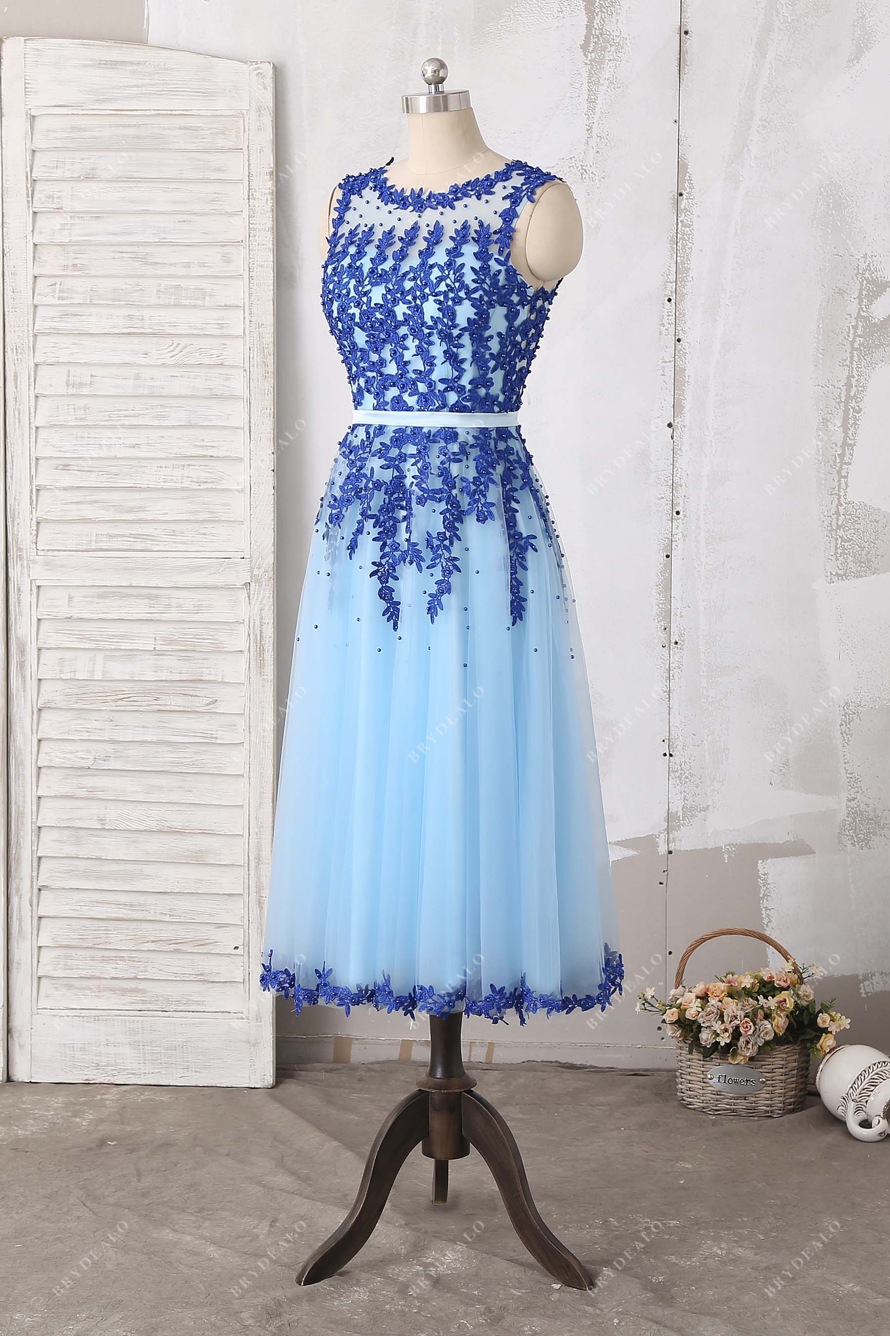 sleeveless A-line tea length prom gown