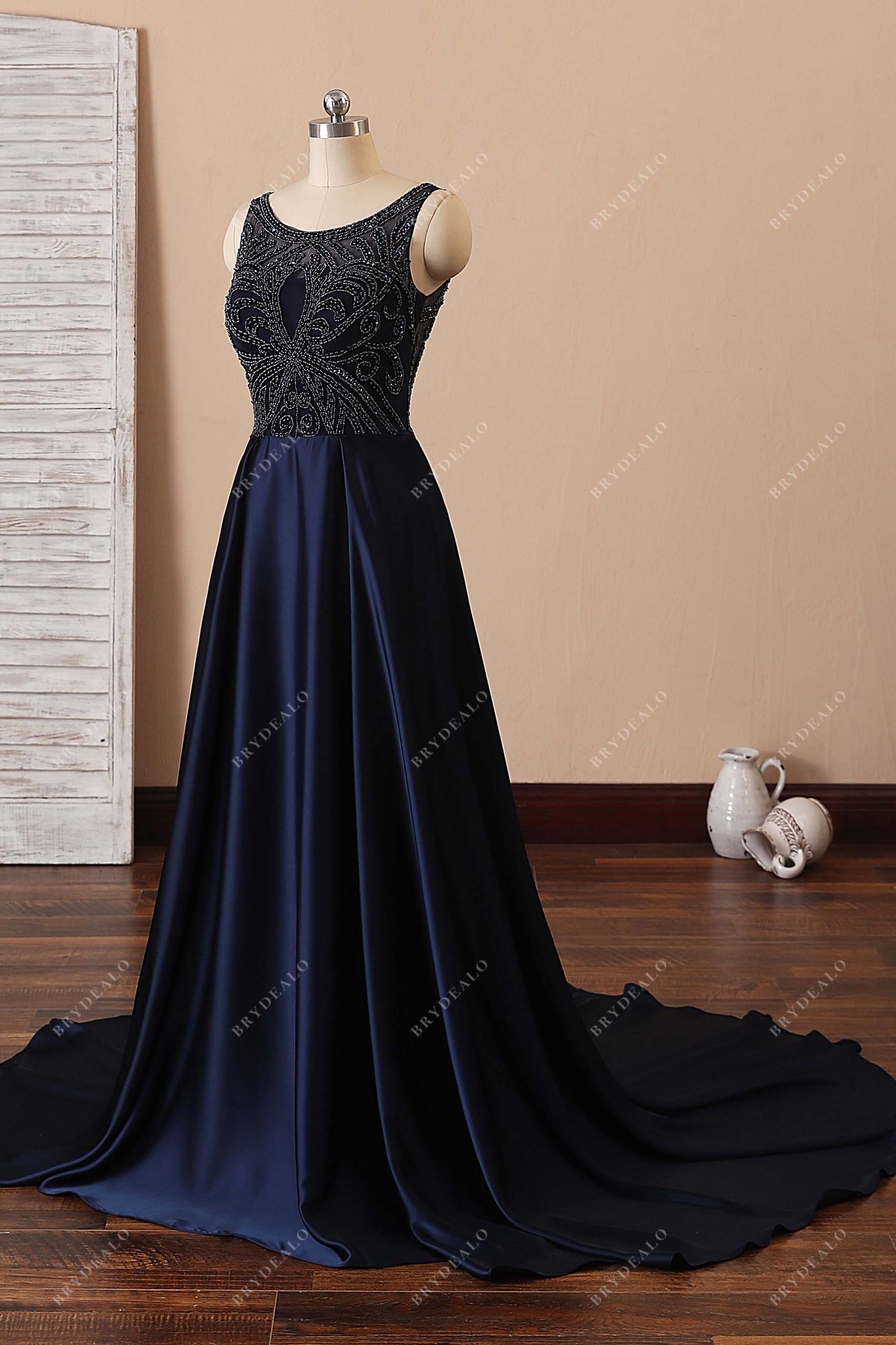 sleeveless beaded A-line satin prom gown