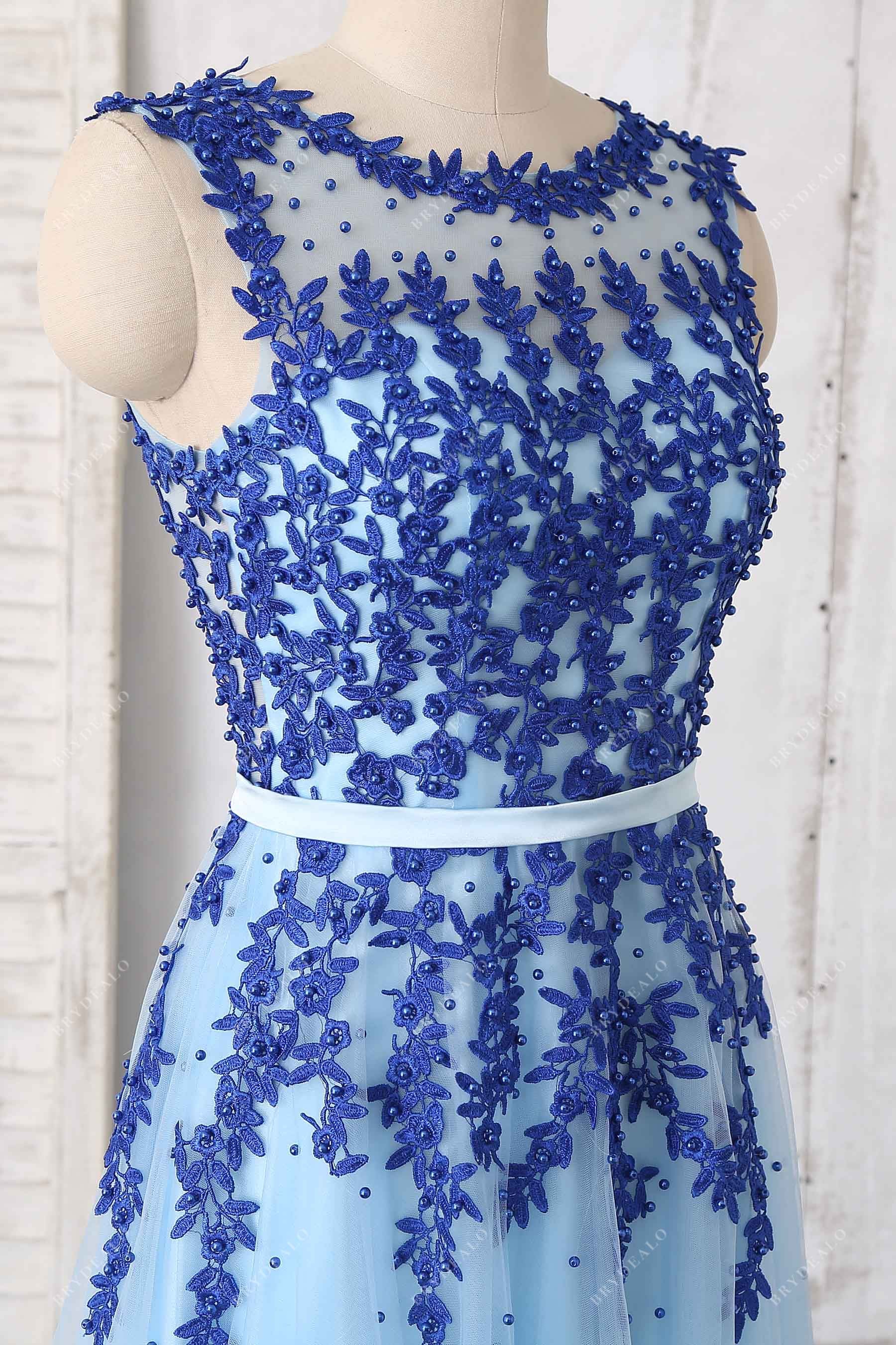 sleeveless blue beaded appliques prom dress