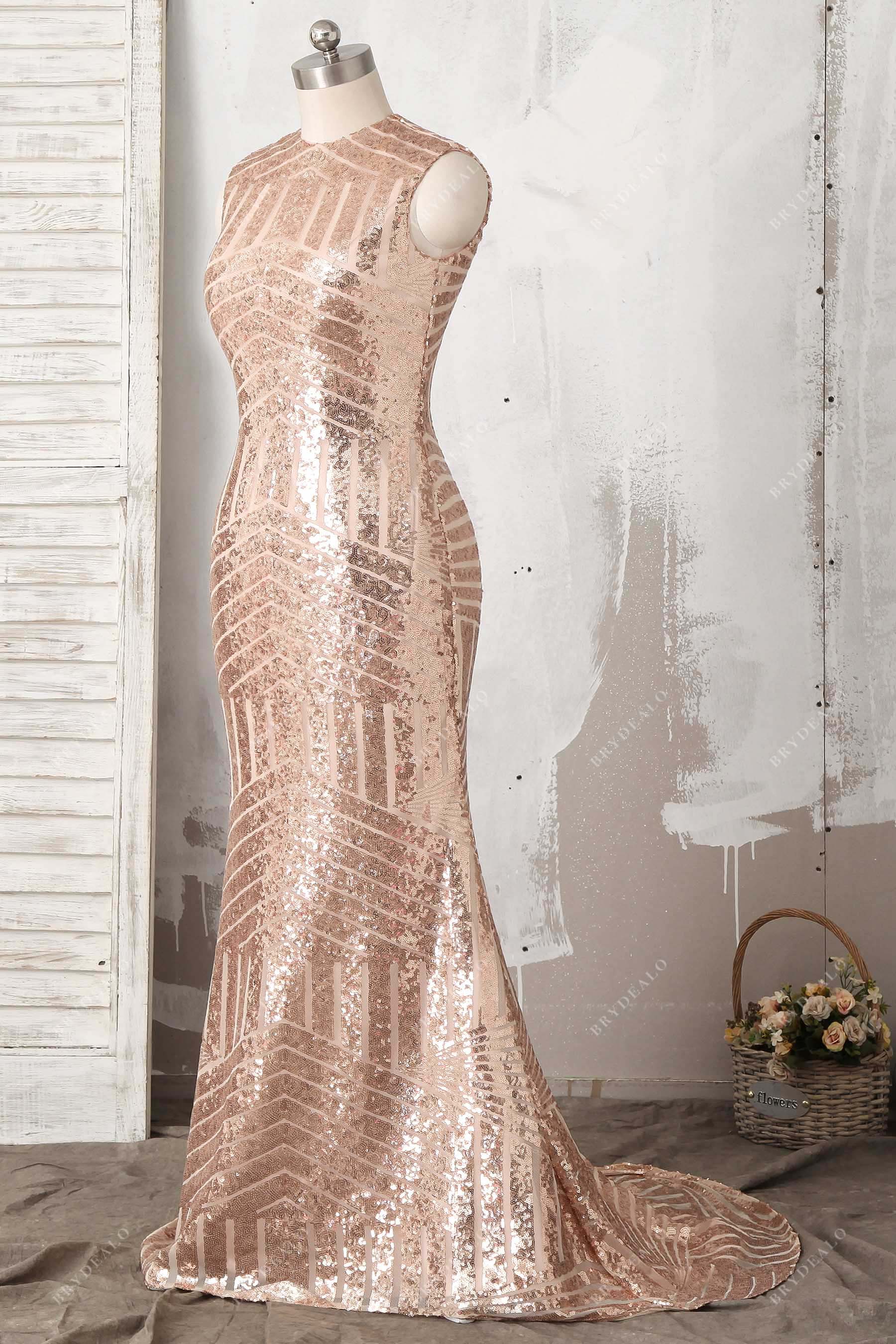 sleeveless mermaid rose gold sequin prom gown