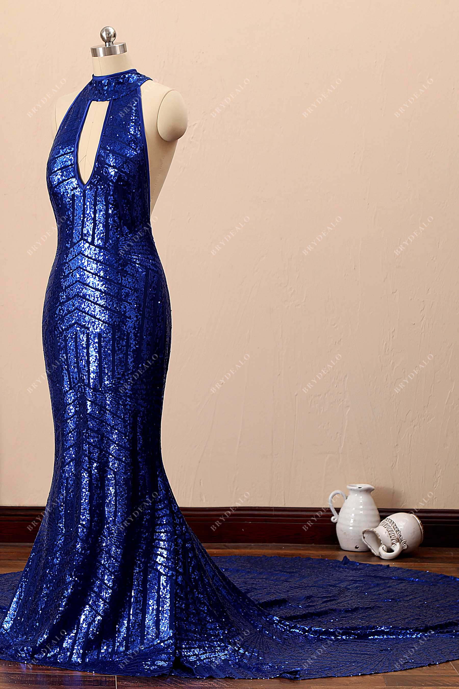sleeveless royal blue halter mermaid sequin gown