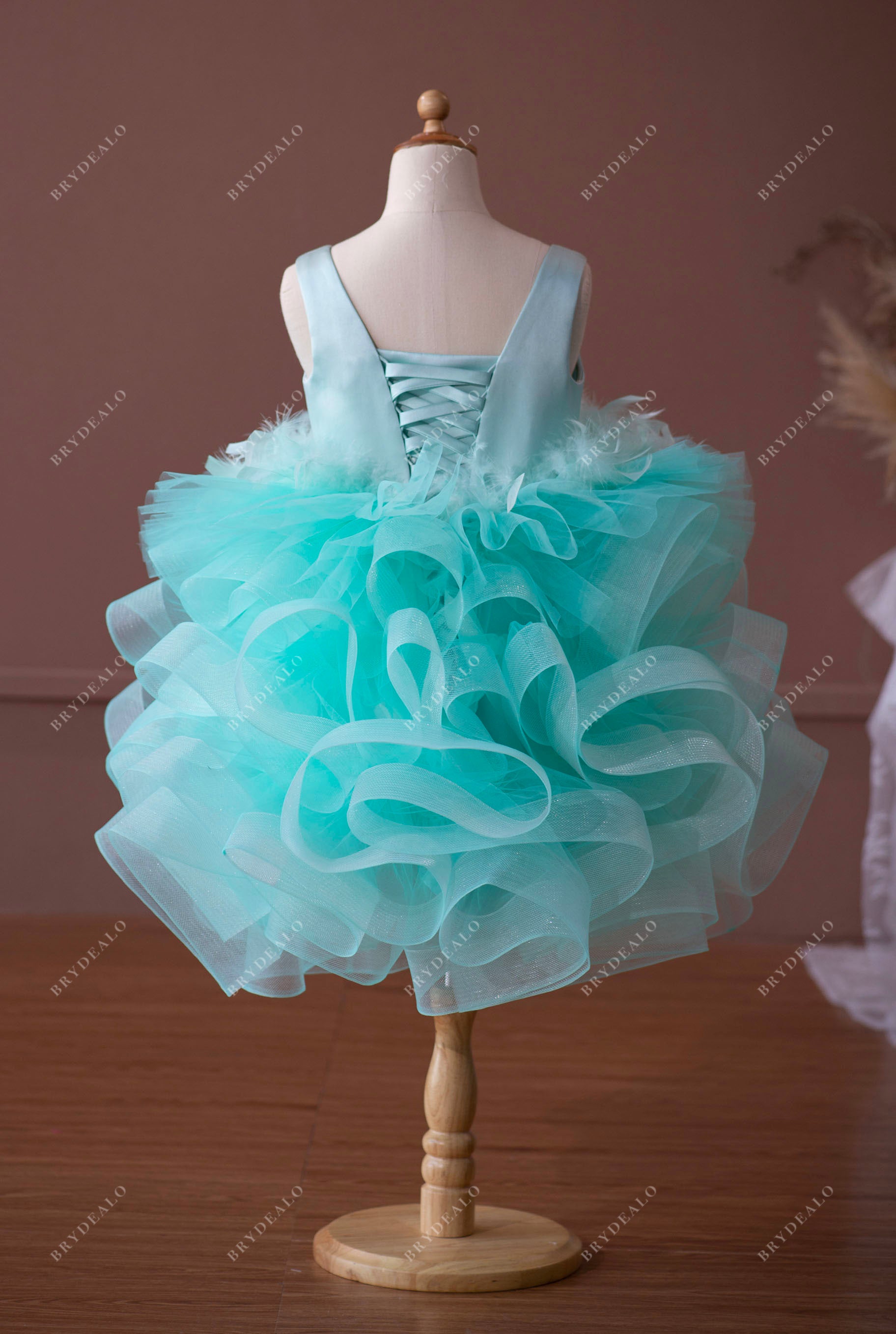 spa green color satin puffy tulle knee length flower girl gown