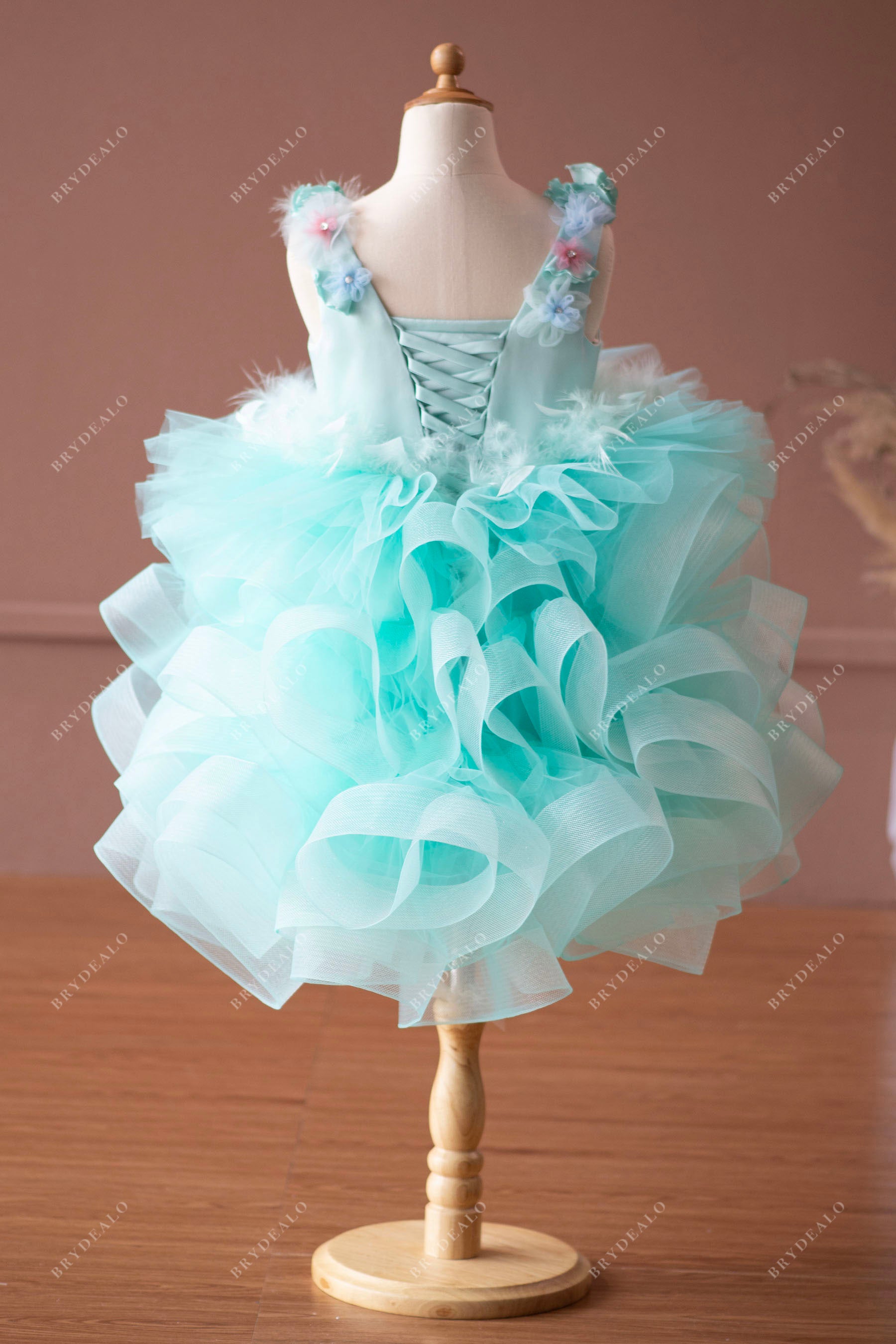 Spa Green Handmade Flower Ruffled Tulle Knee Length Kids Flower Girl Dress
