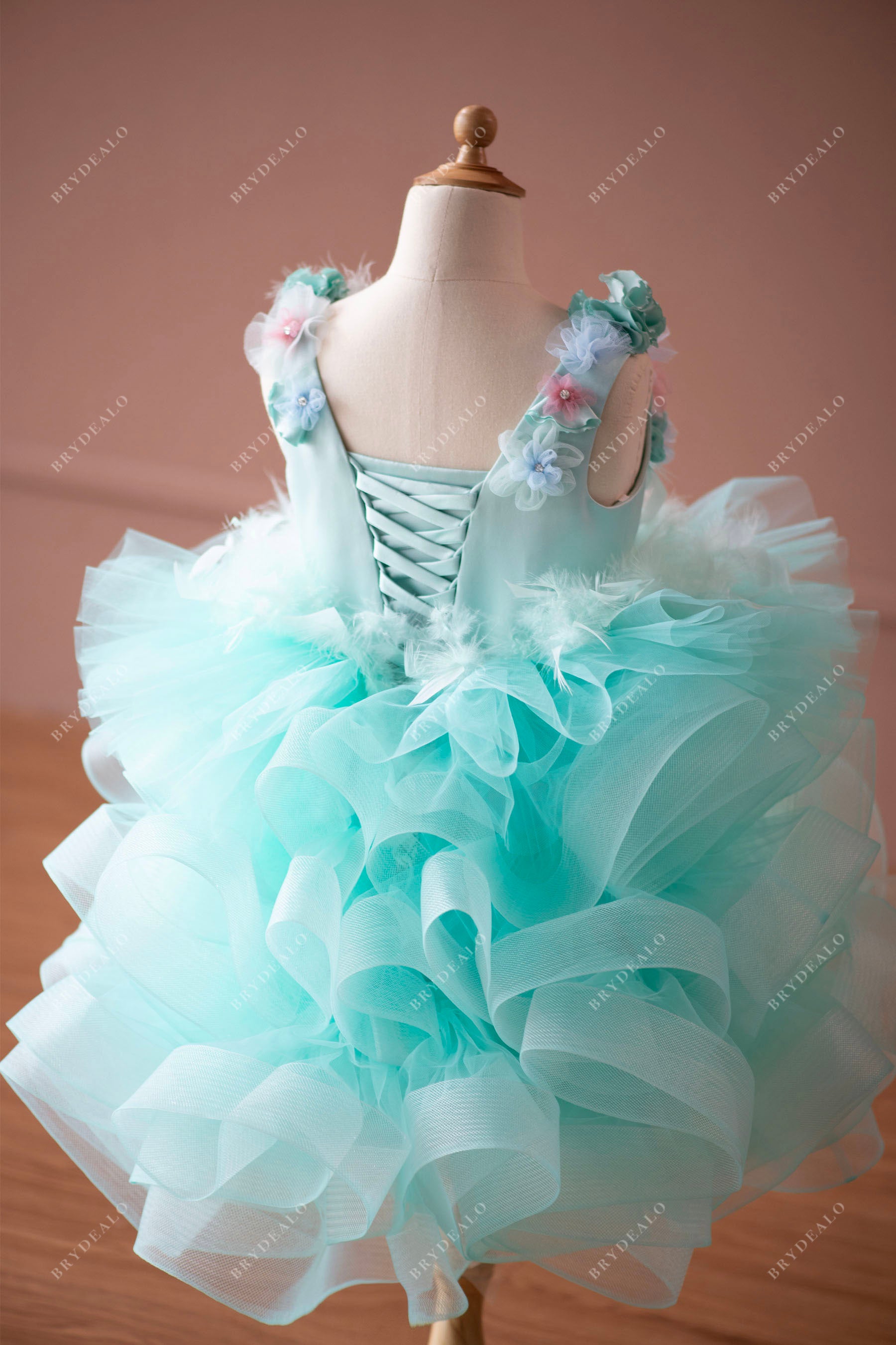 Spa Green Handmade Flower Ruffled Knee Length Flower Girl Dress