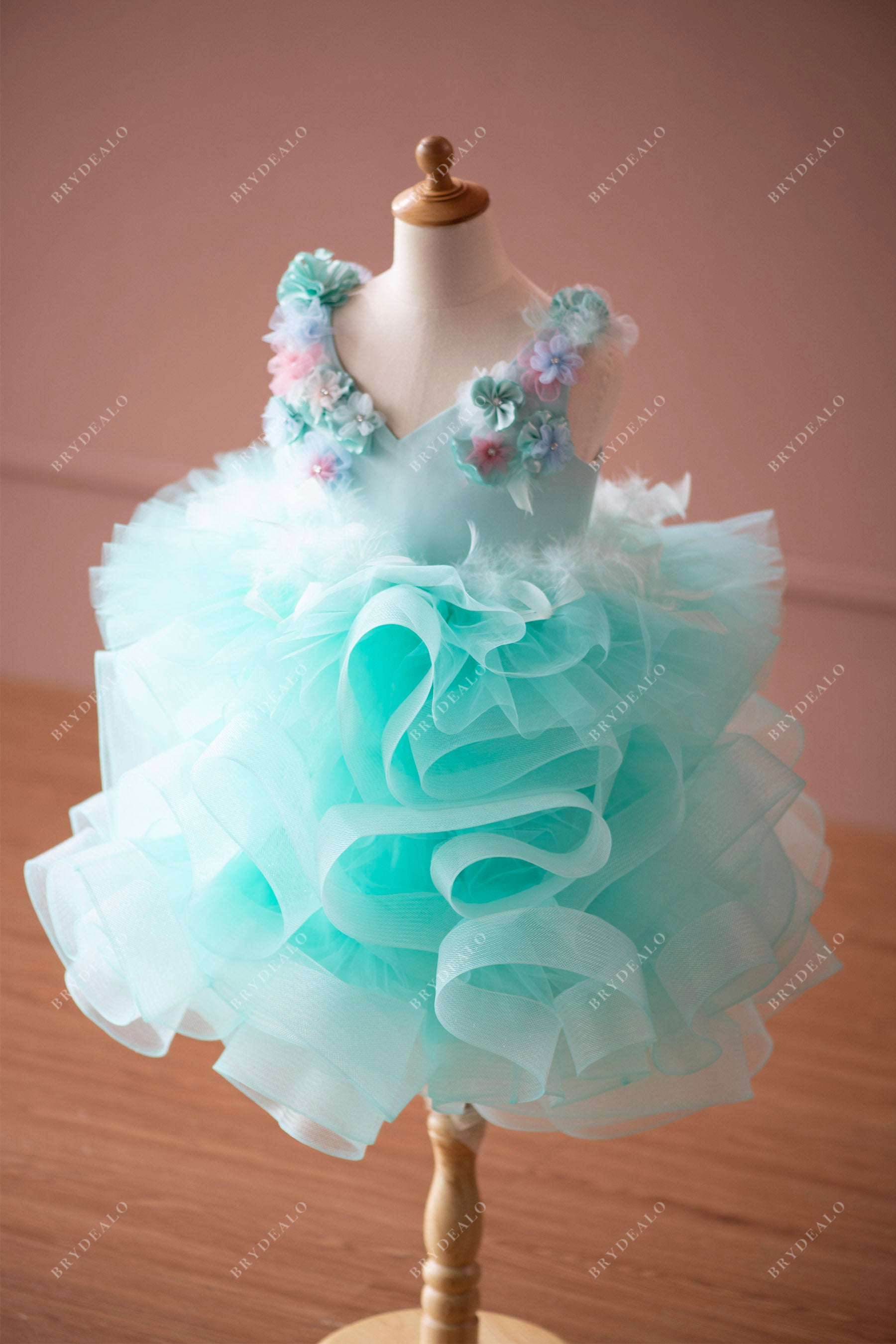 Spa Green Flower Ruffled Tulle Knee Length Kids Formal Wear